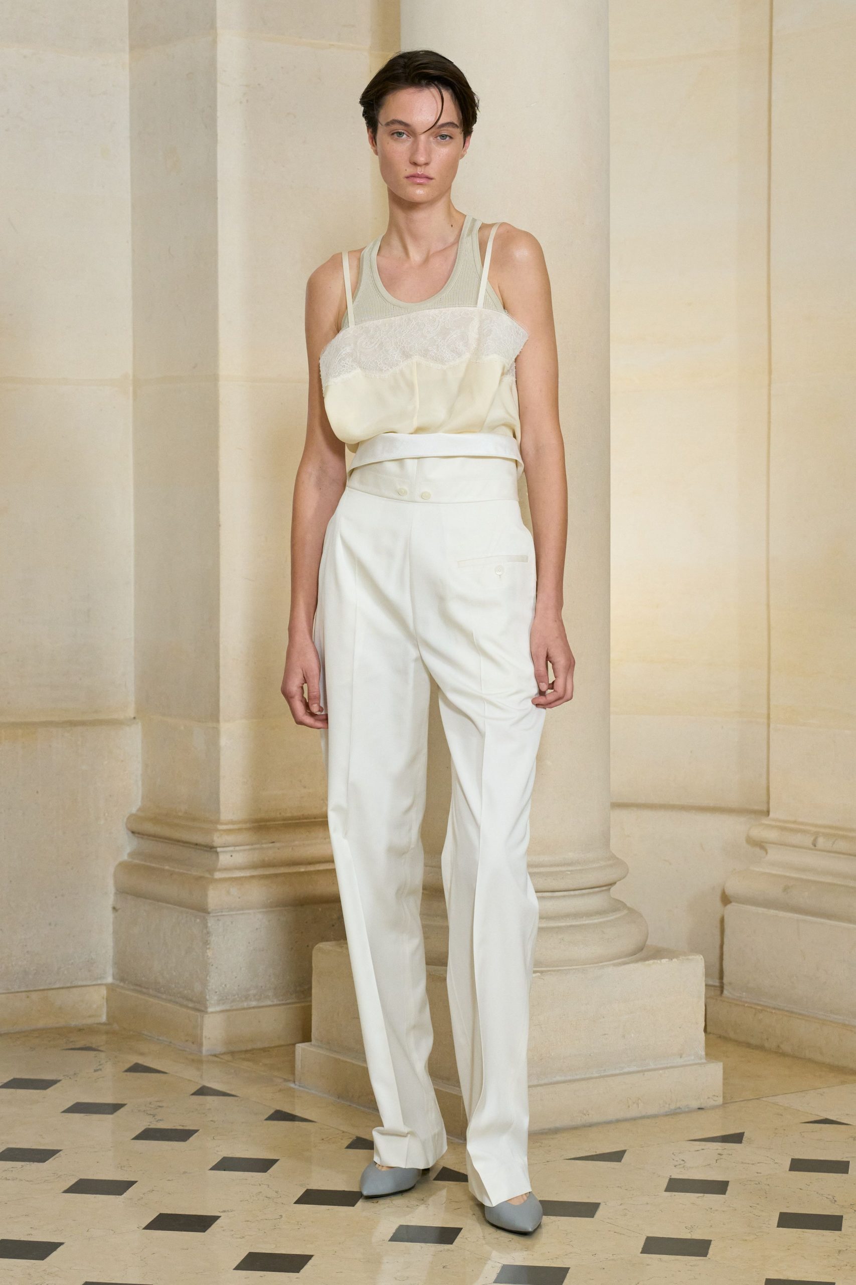 white silk sleeveless high-neck fitted layered tank-top