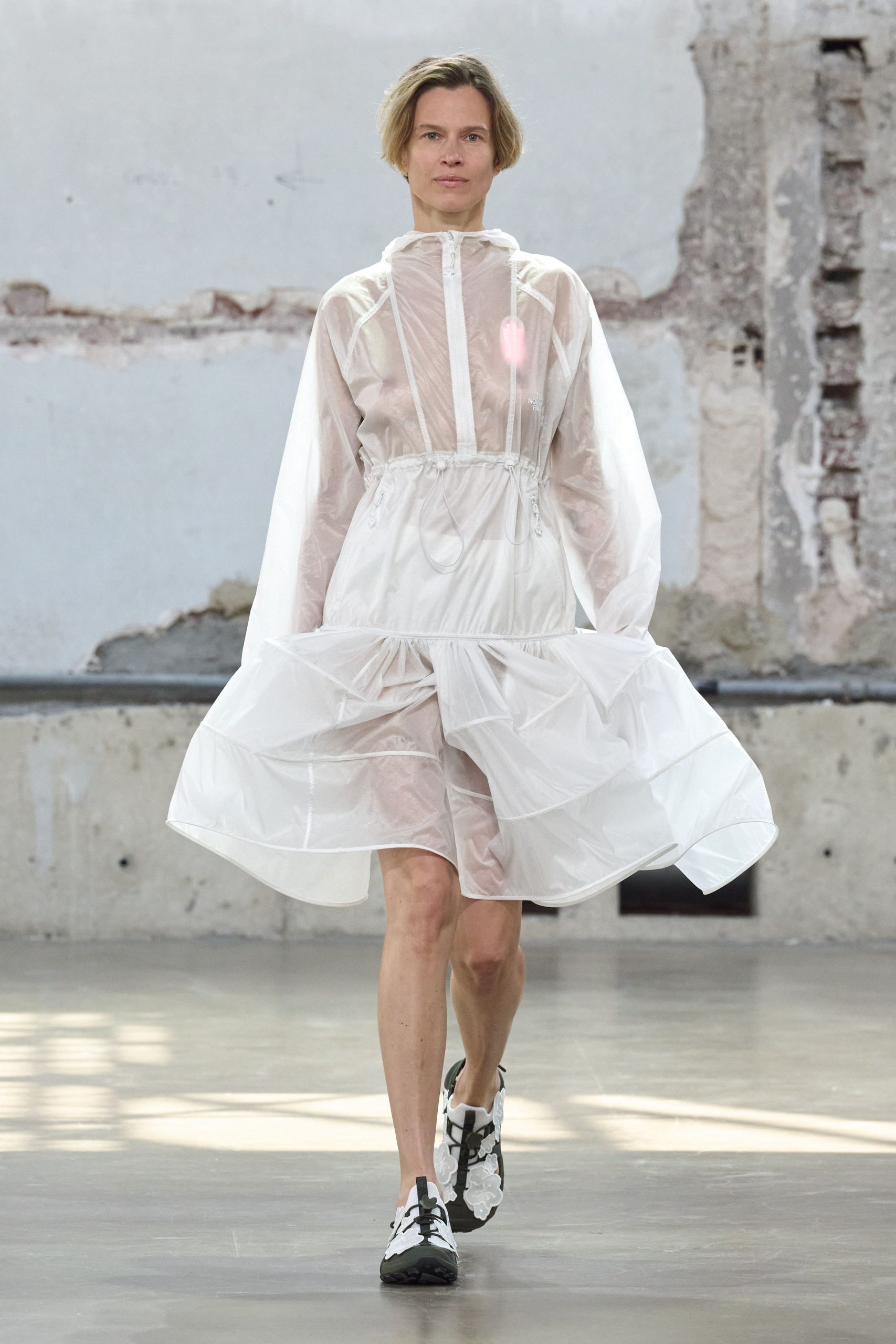 white cotton long-sleeve hooded relaxed pleated zippered dress