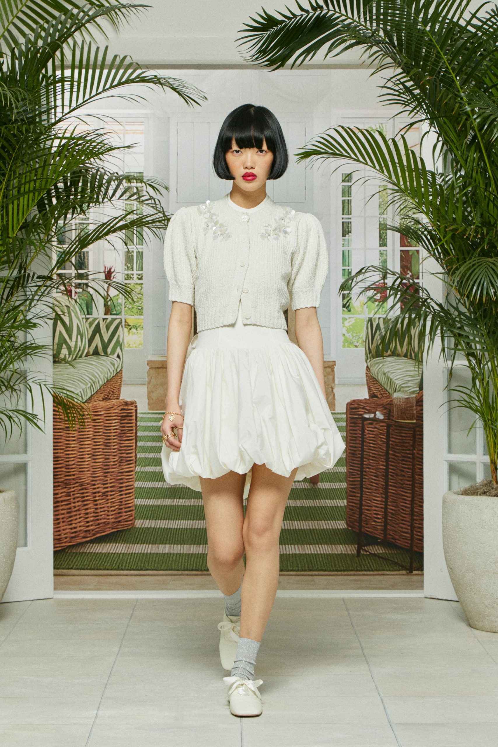 white cotton short-sleeve collared fitted embroidered cardigan