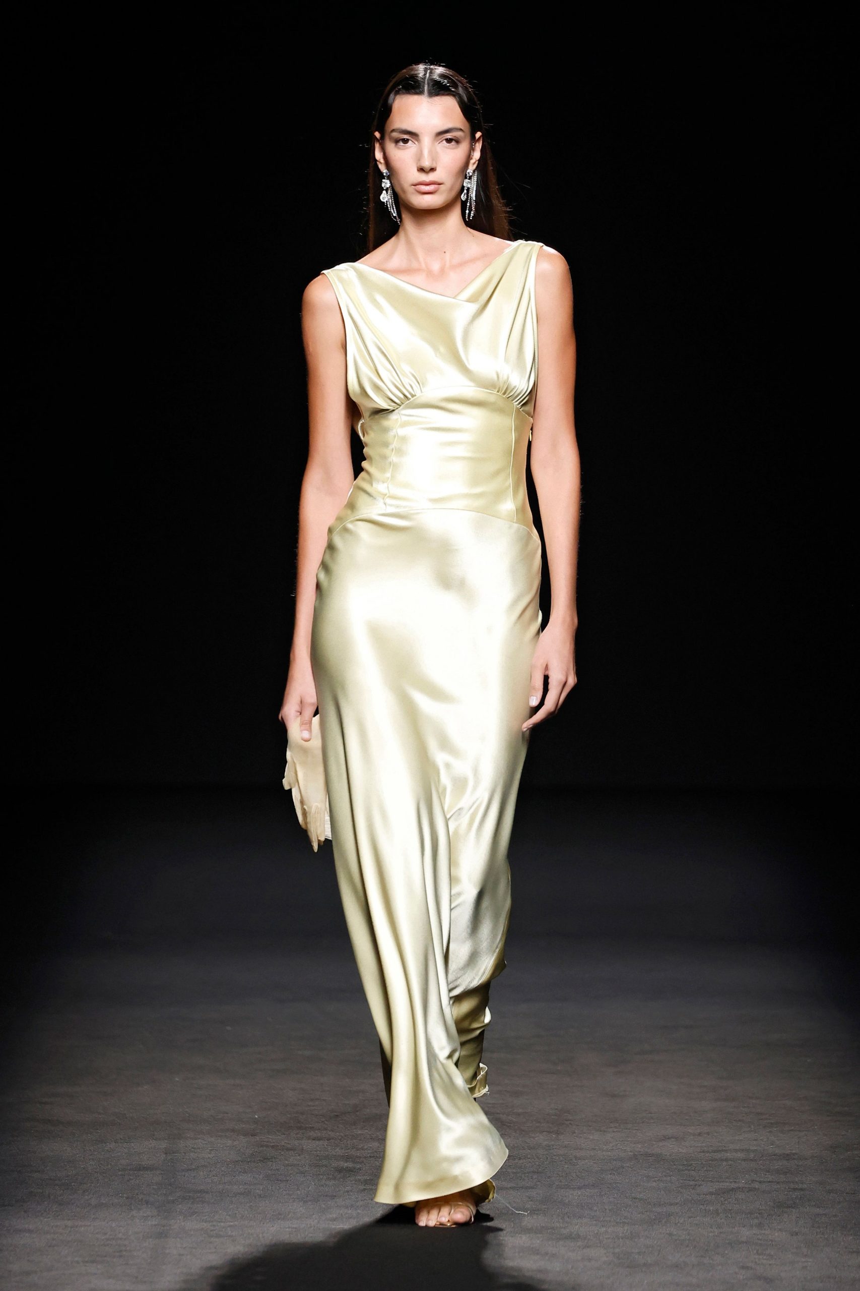 yellow satin sleeveless gown