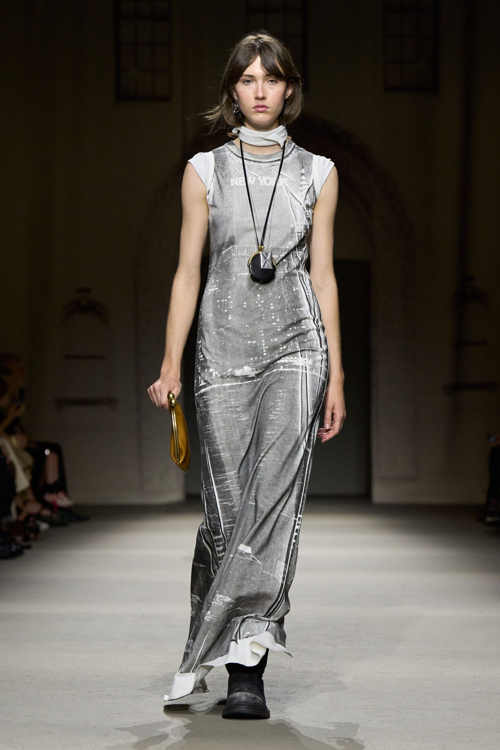 gray silk sleeveless high-neck fitted layered maxi dress