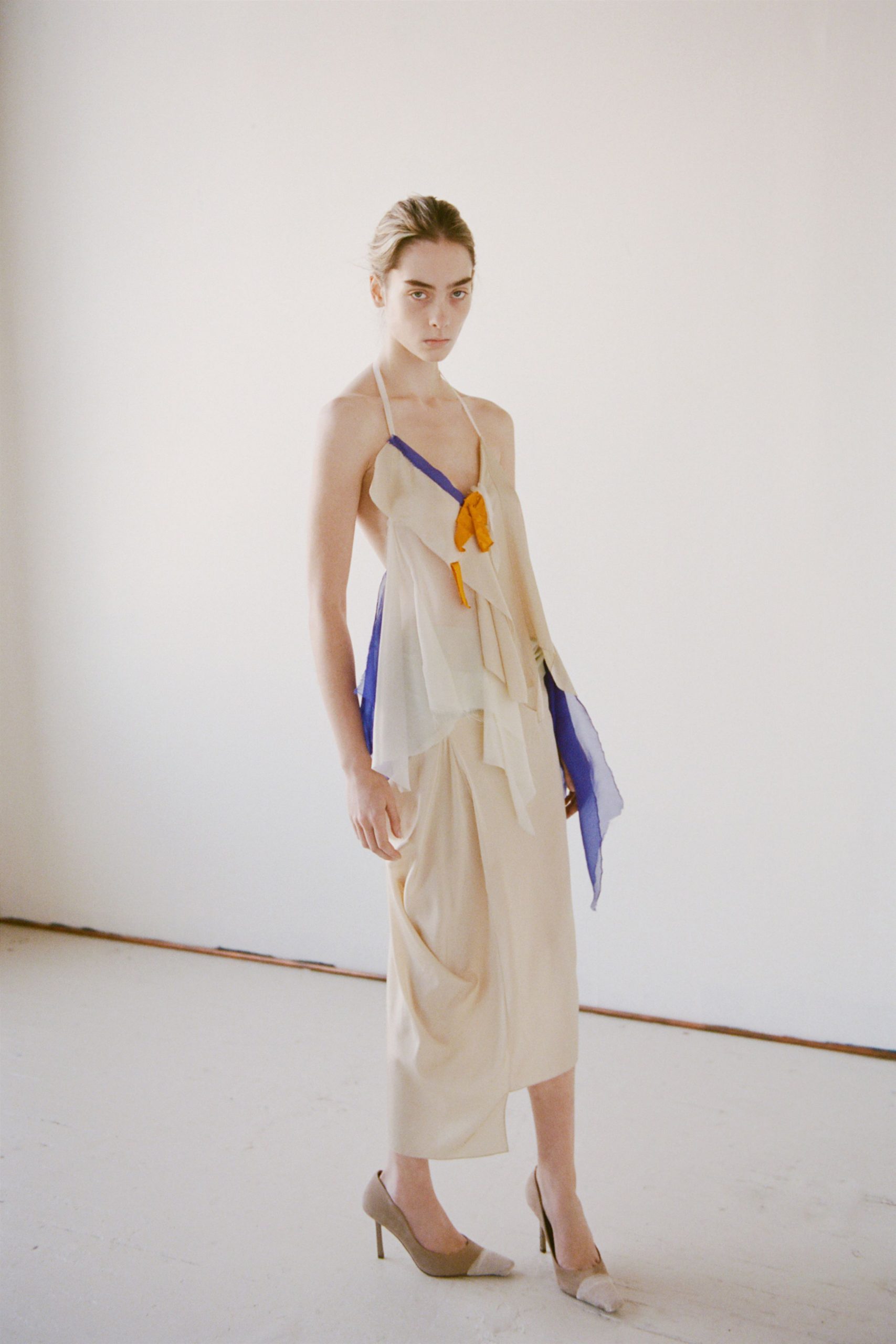 beige silk sleeveless halter fitted ruffled layered dress