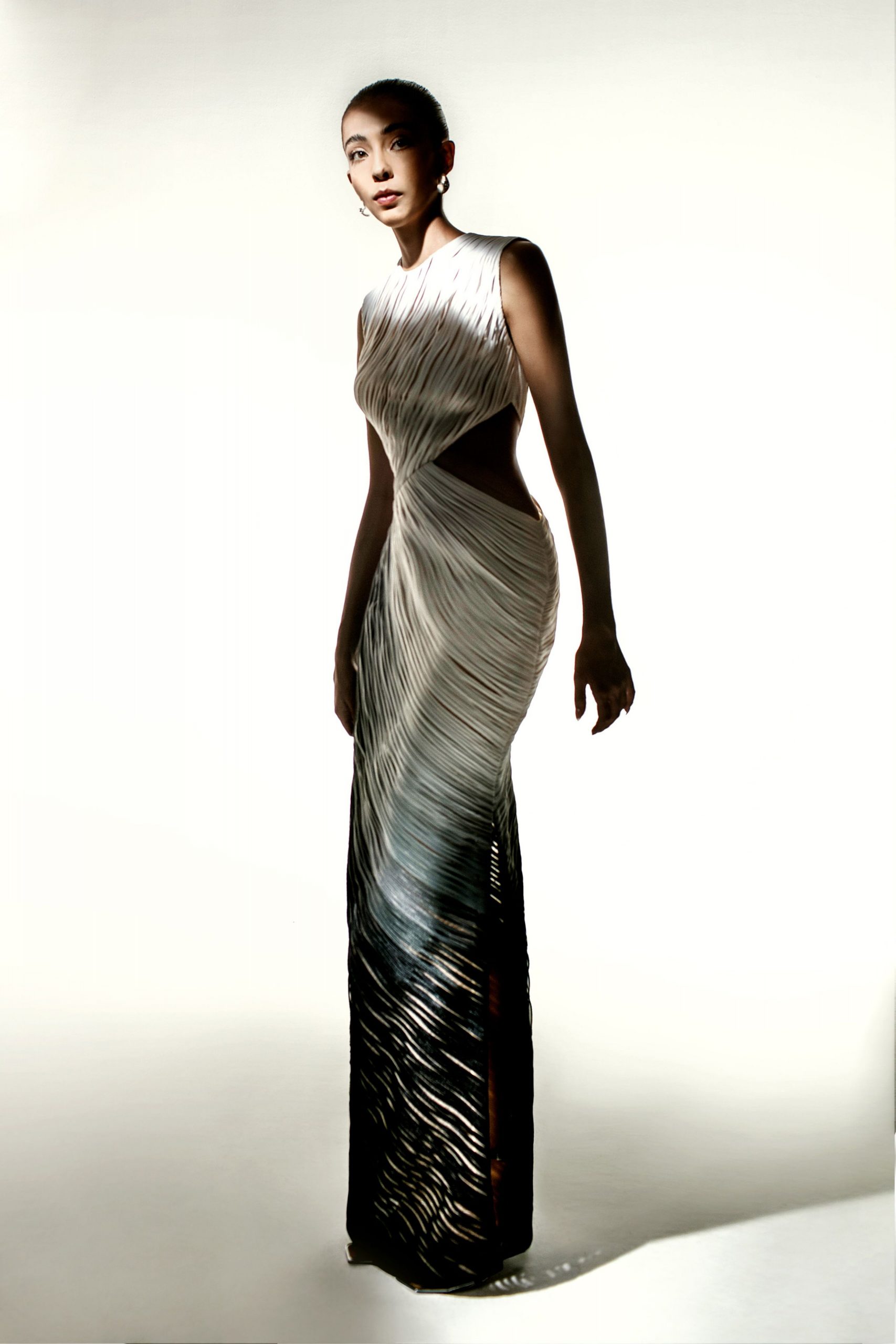 black and white pleated gown