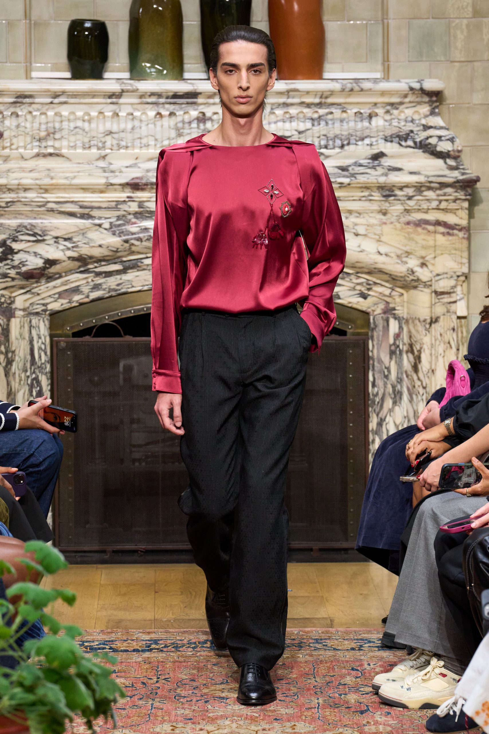 red silk long-sleeve collared fitted embroidered shiny shirt
