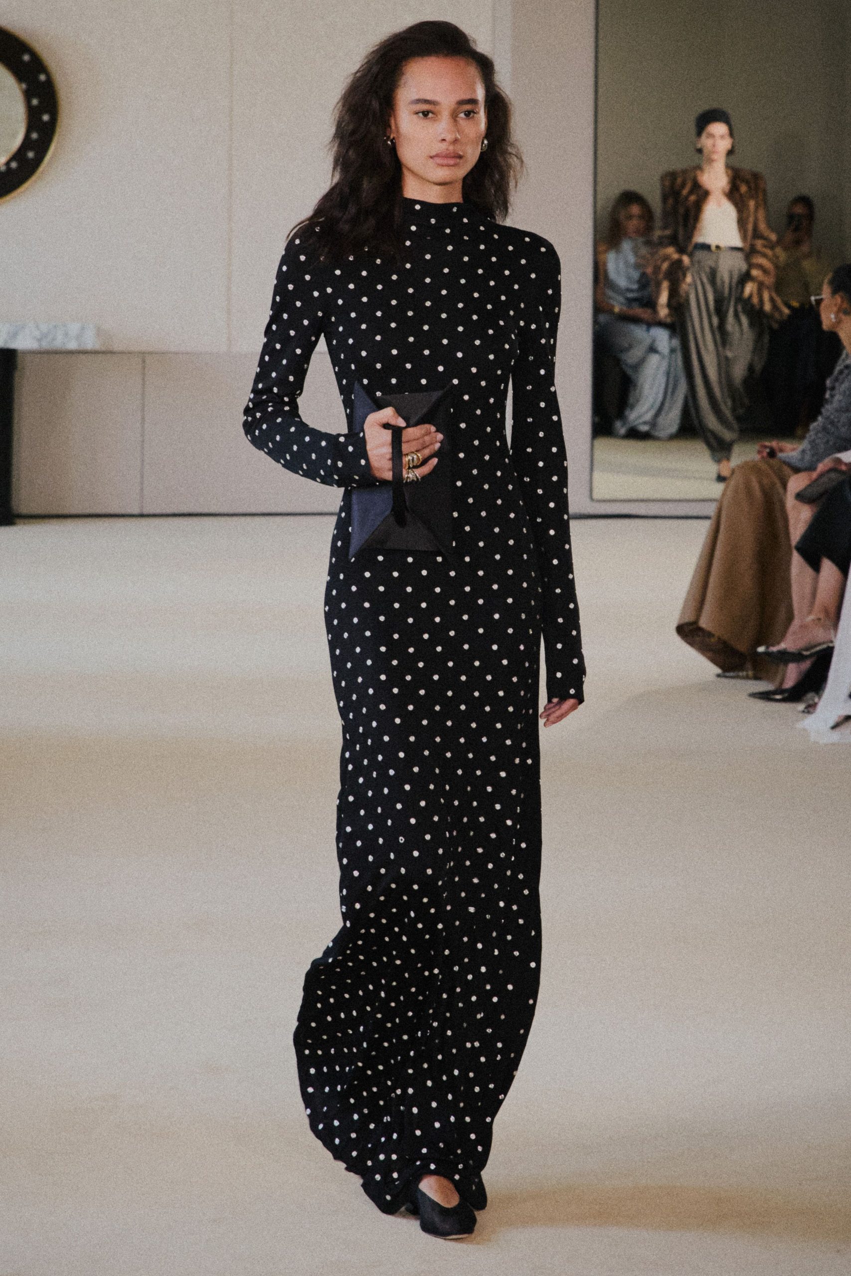 black silk long-sleeve high-neck fitted polka-dot maxi gown
