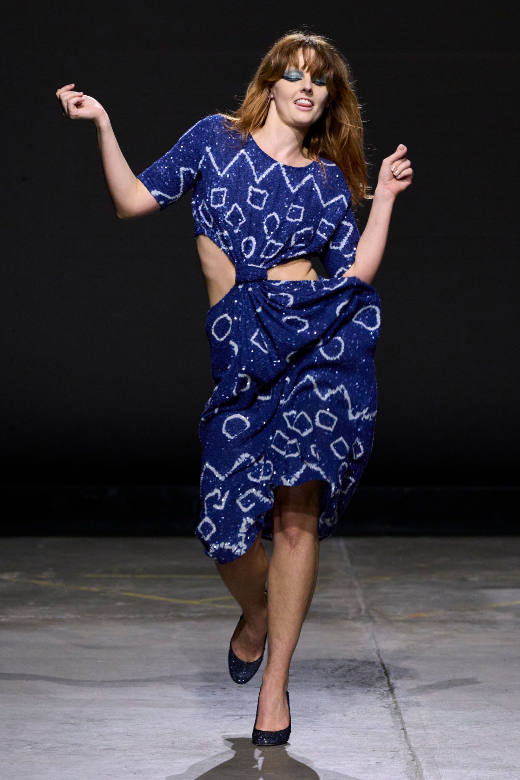 blue printed midi dress with cutout