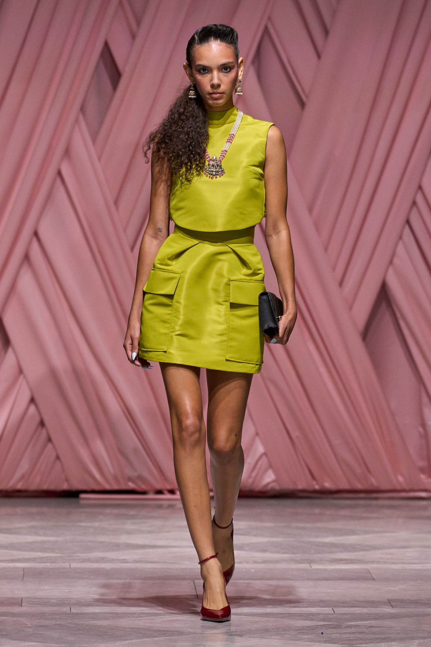 green silk sleeveless high-neck fitted pockets mini dress