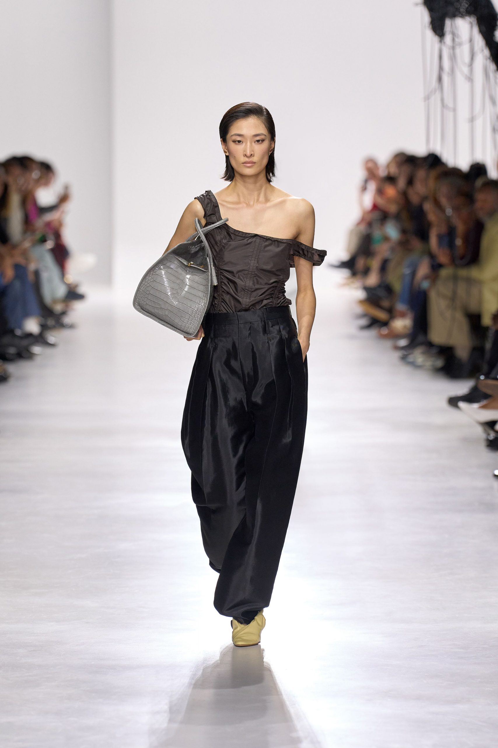 brown silk sleeveless off-shoulder fitted ruffled top
