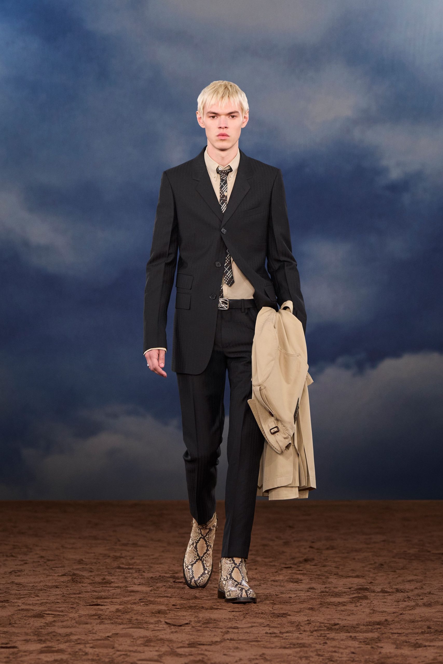 black tailored suit with beige coat