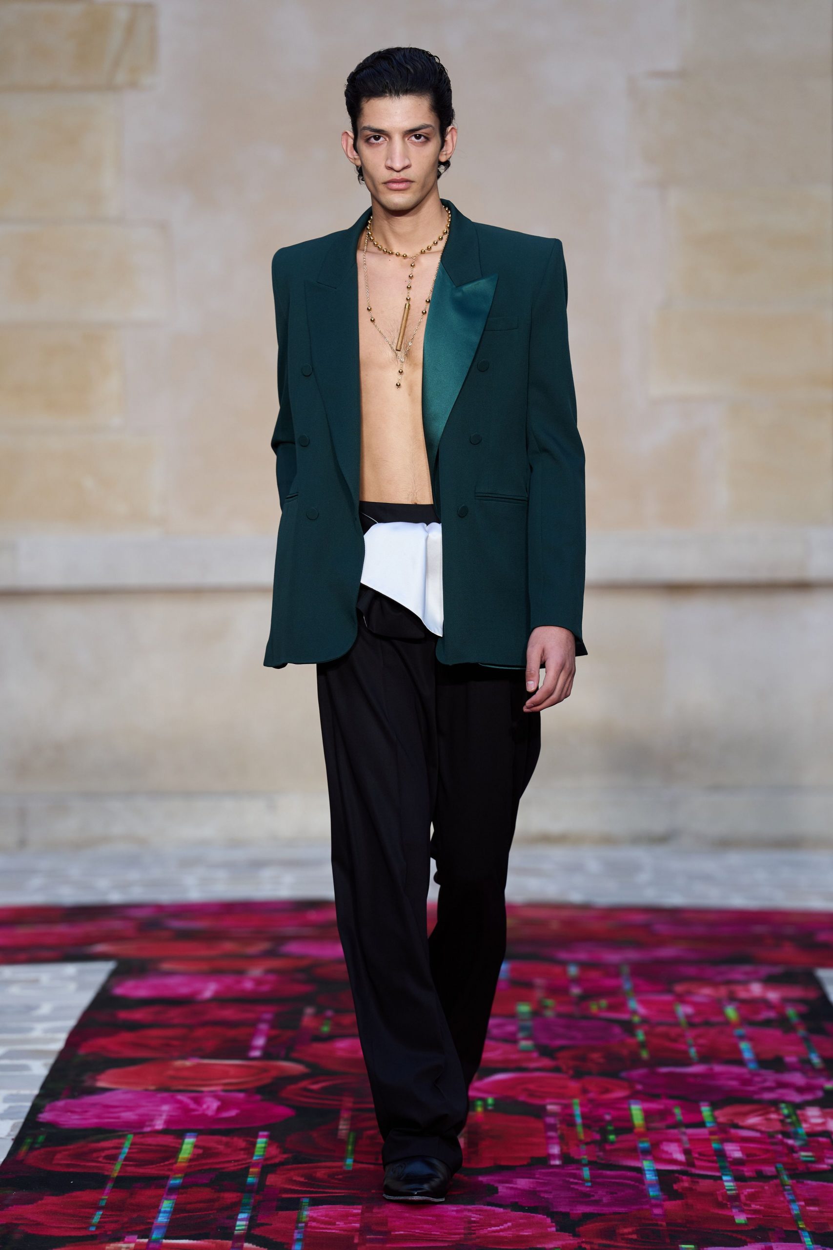 green silk long-sleeve collared tailored blazer