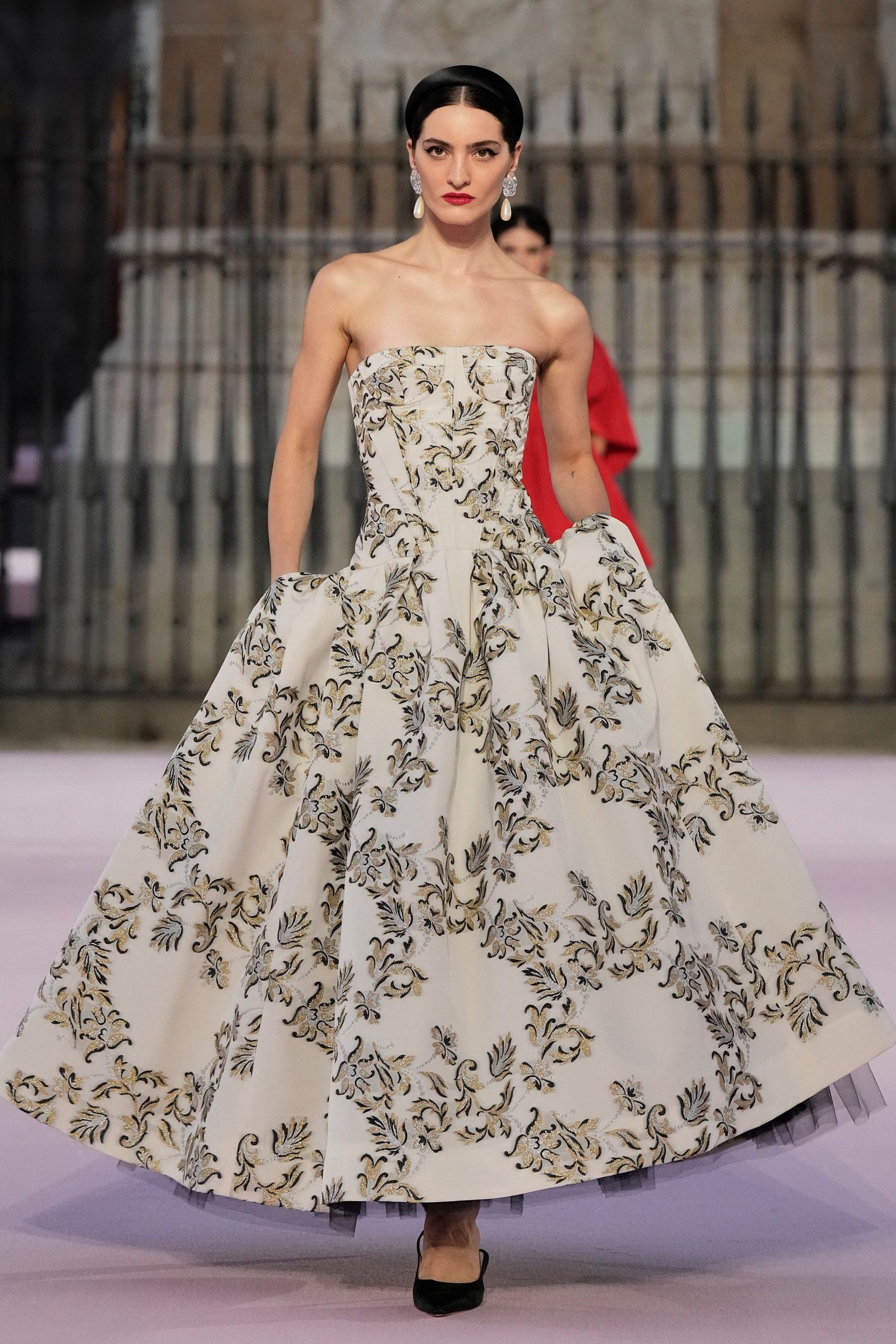 white silk strapless fitted floral pleated maxi gown