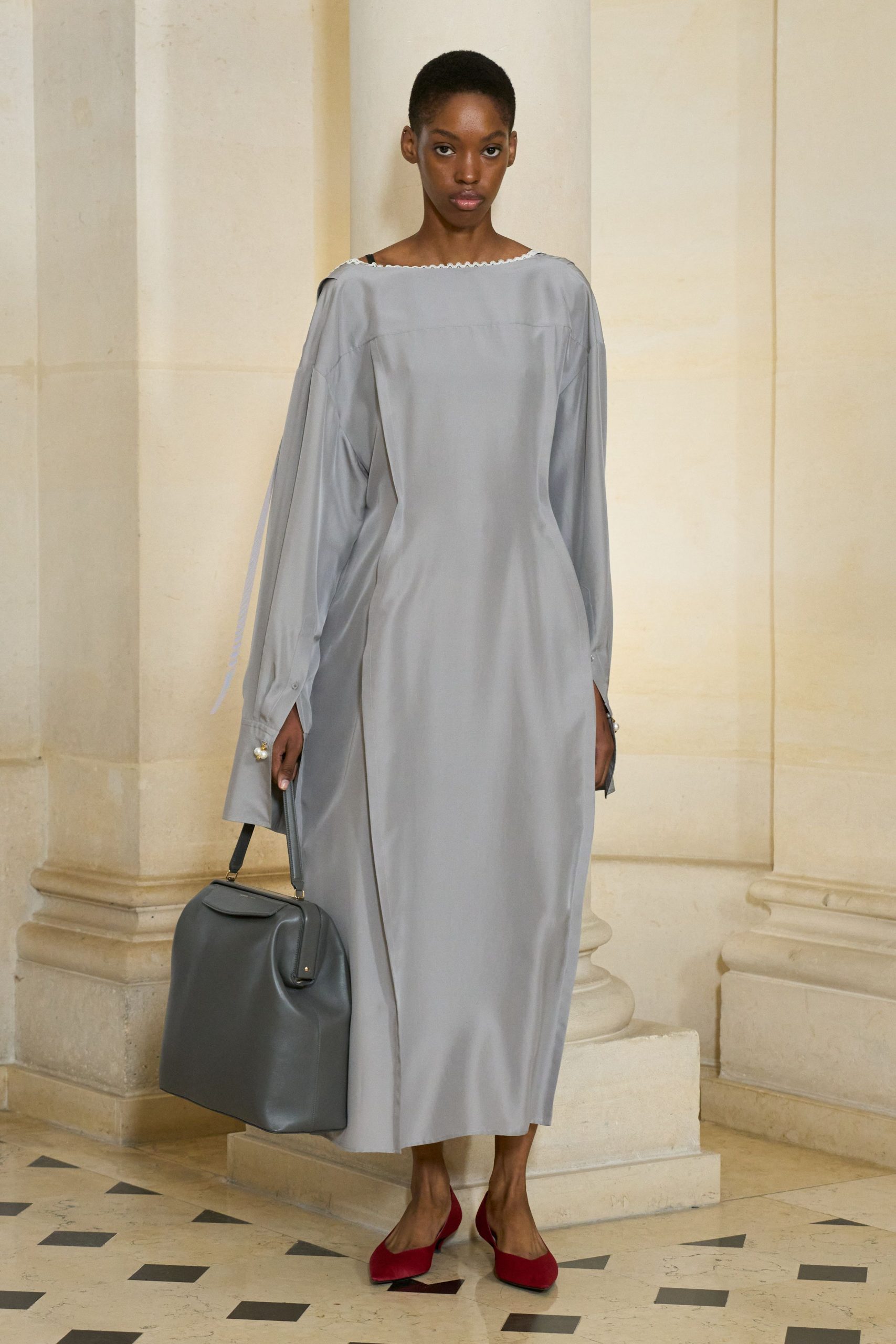 gray leather structured bag
