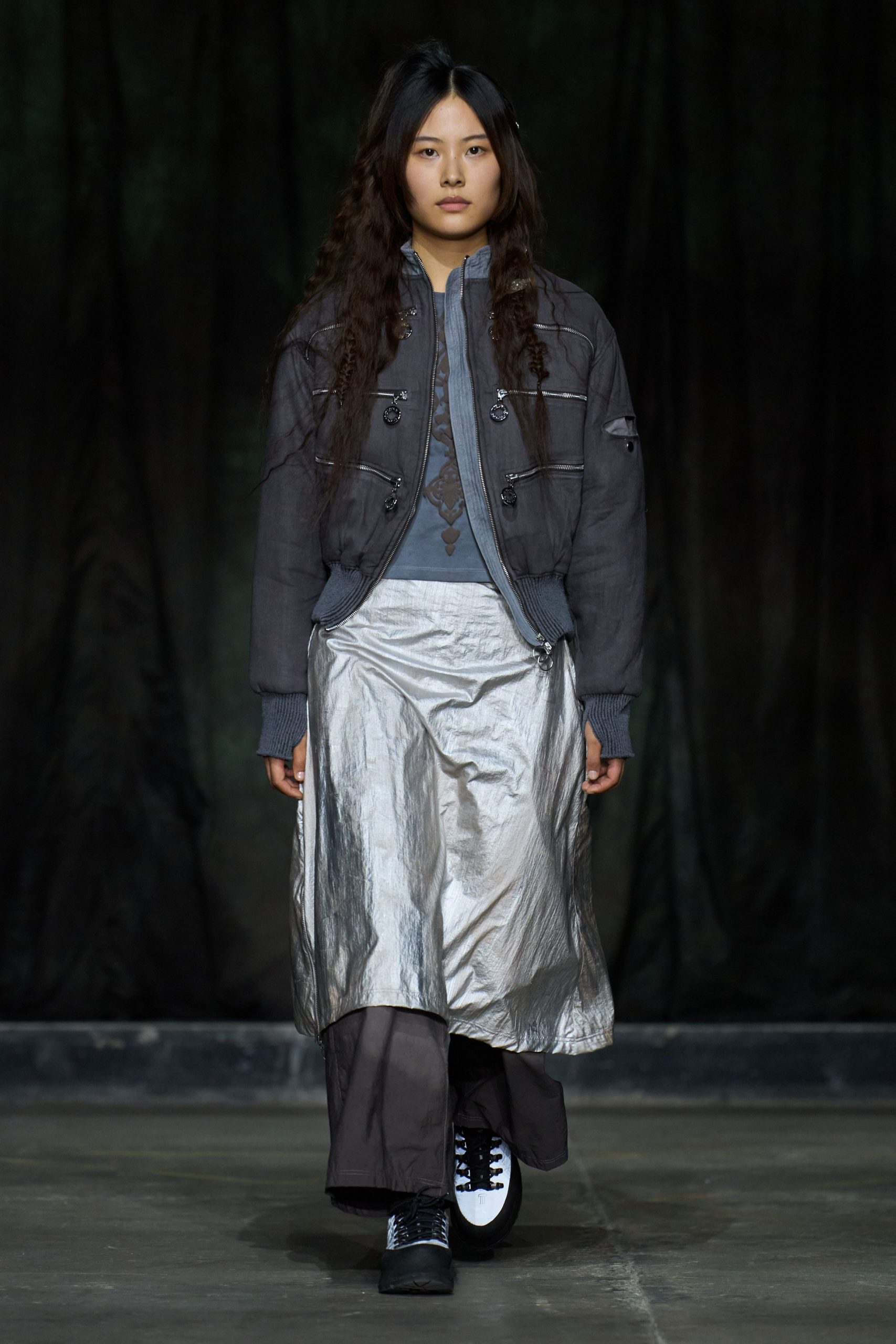 gray metallic fitted pleated shiny midi skirt