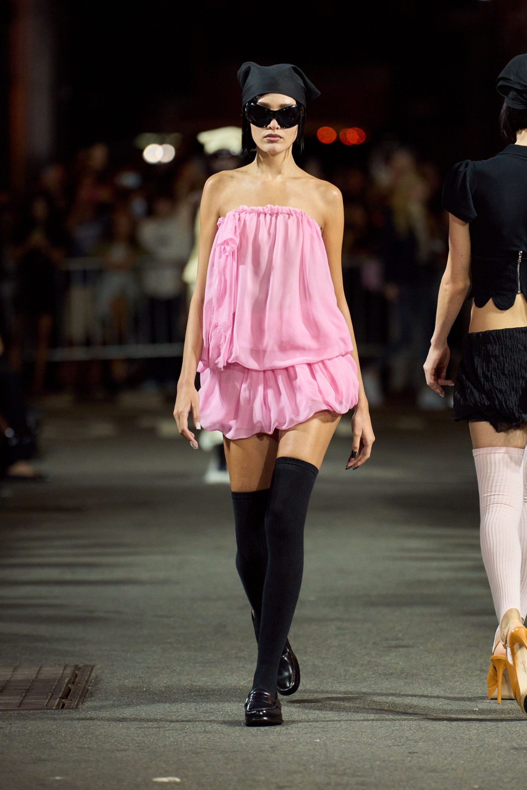 pink silk sleeveless strapless fitted ruffled flowing dress