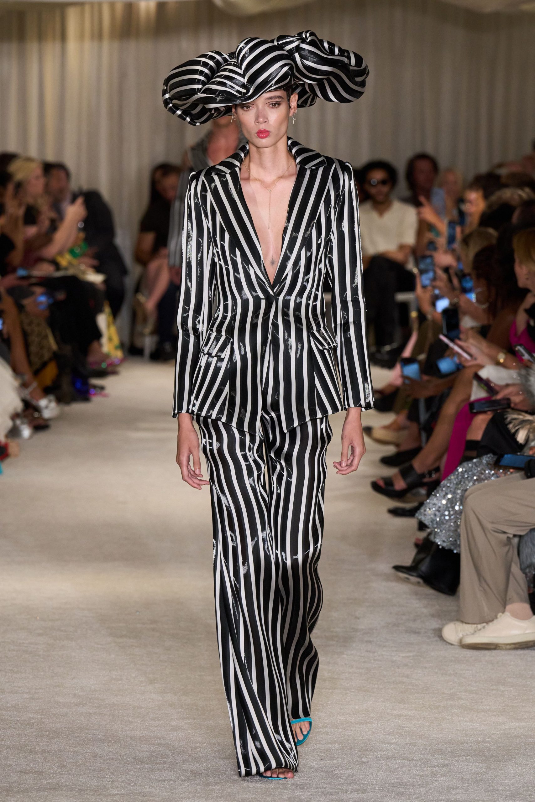 striped tailored suit with hat