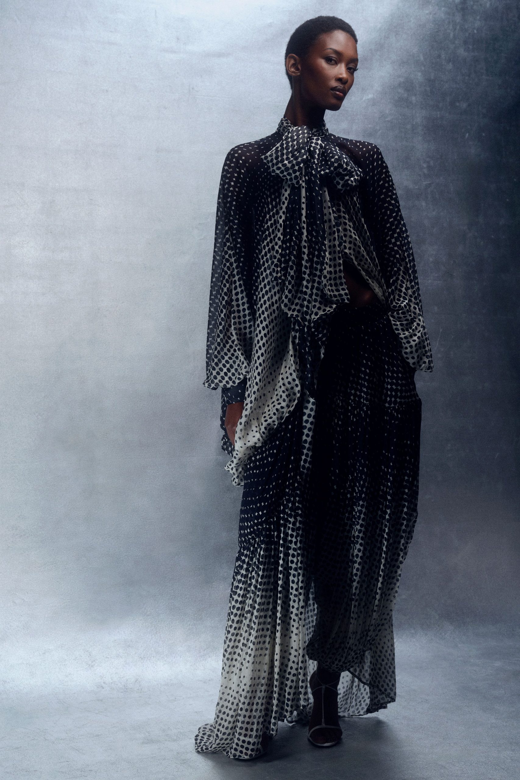 black chiffon long-sleeve high-neck relaxed draped printed dress