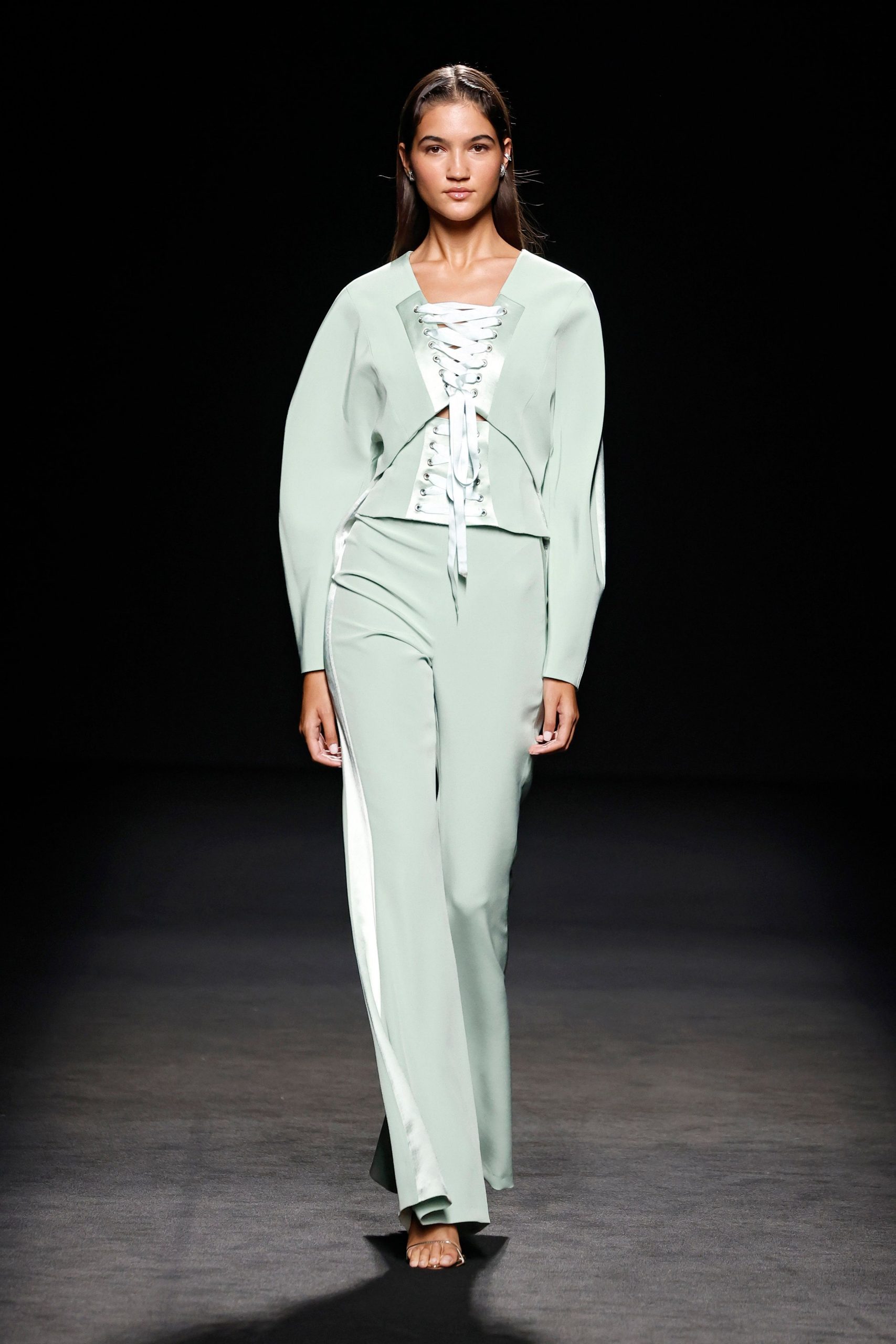 green silk fitted straight-leg pants