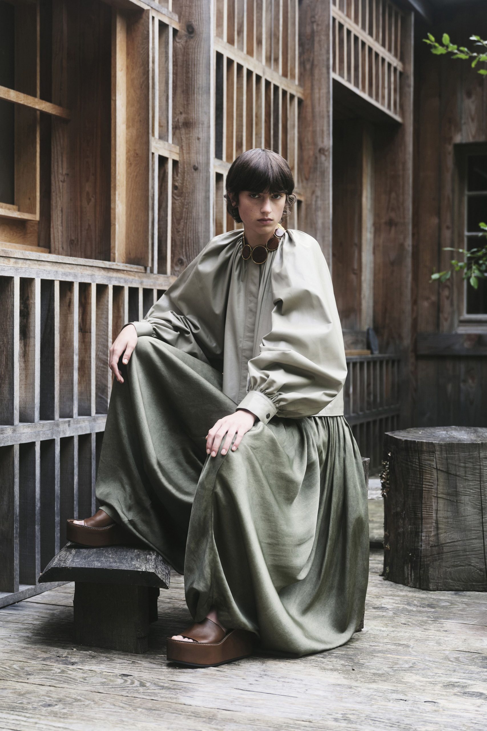 green cotton long-sleeve collared relaxed pleated layered dress