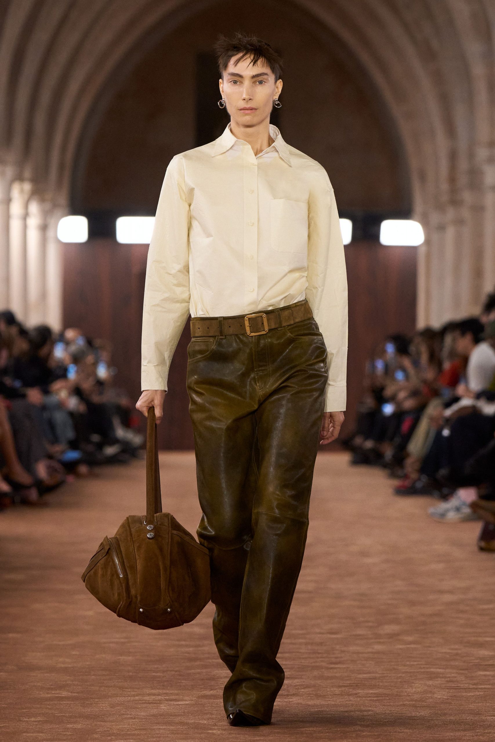 white shirt brown leather pants
