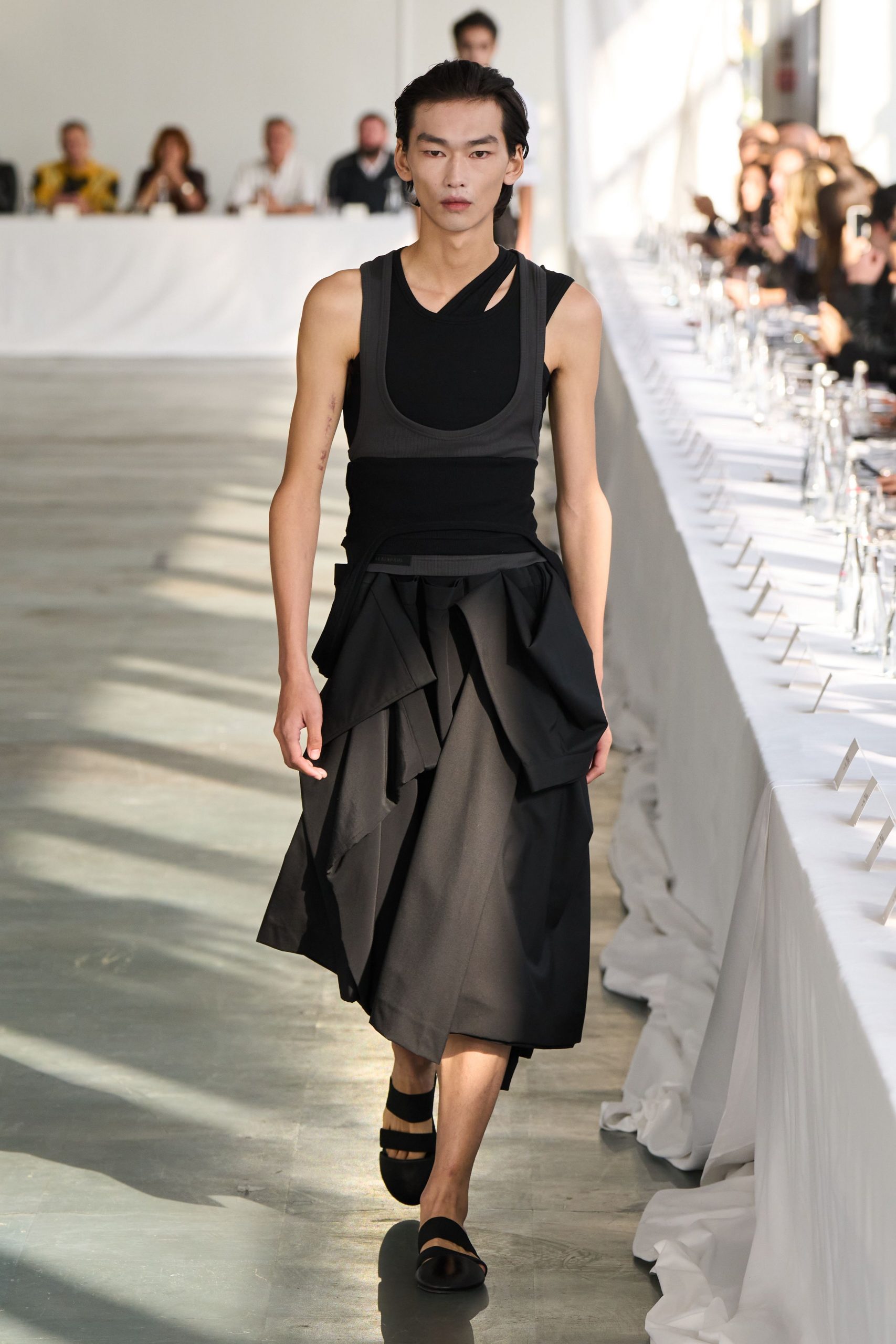 black layered top and midi skirt