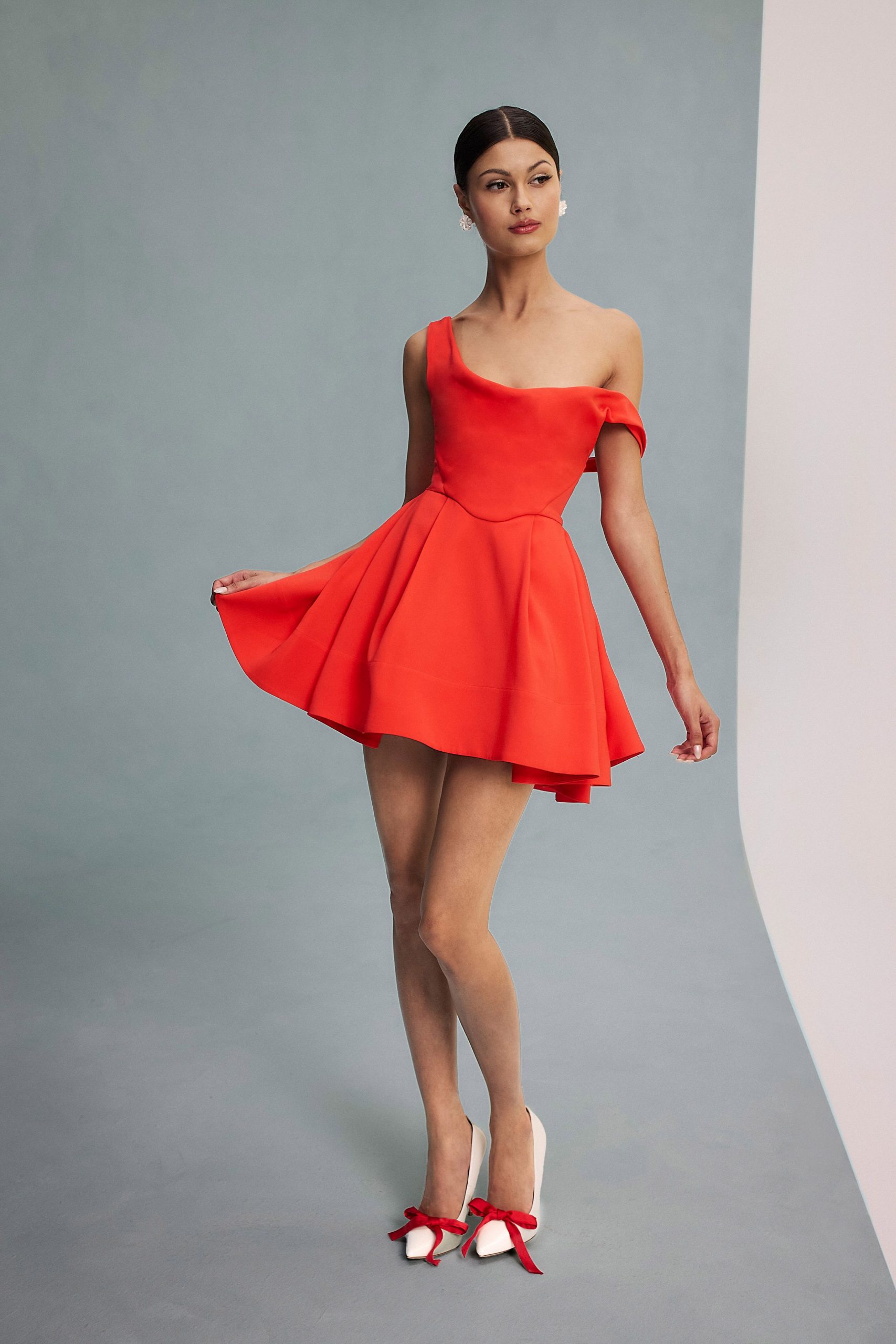 red silk sleeveless off-shoulder fitted flared mini mini-dress