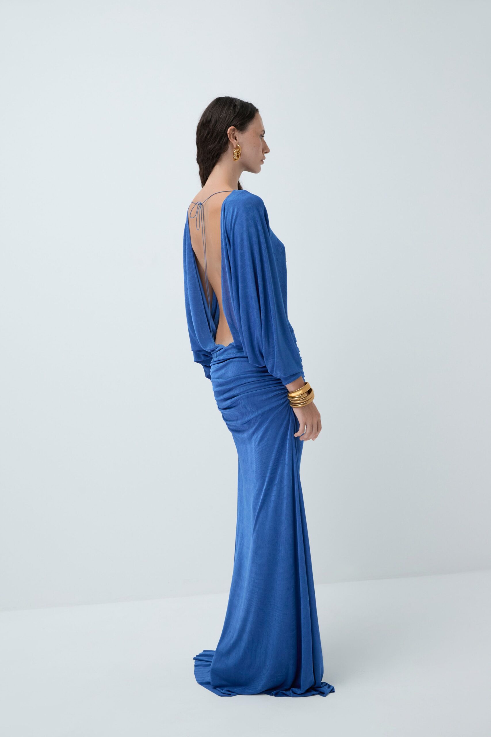 blue silk fitted gown