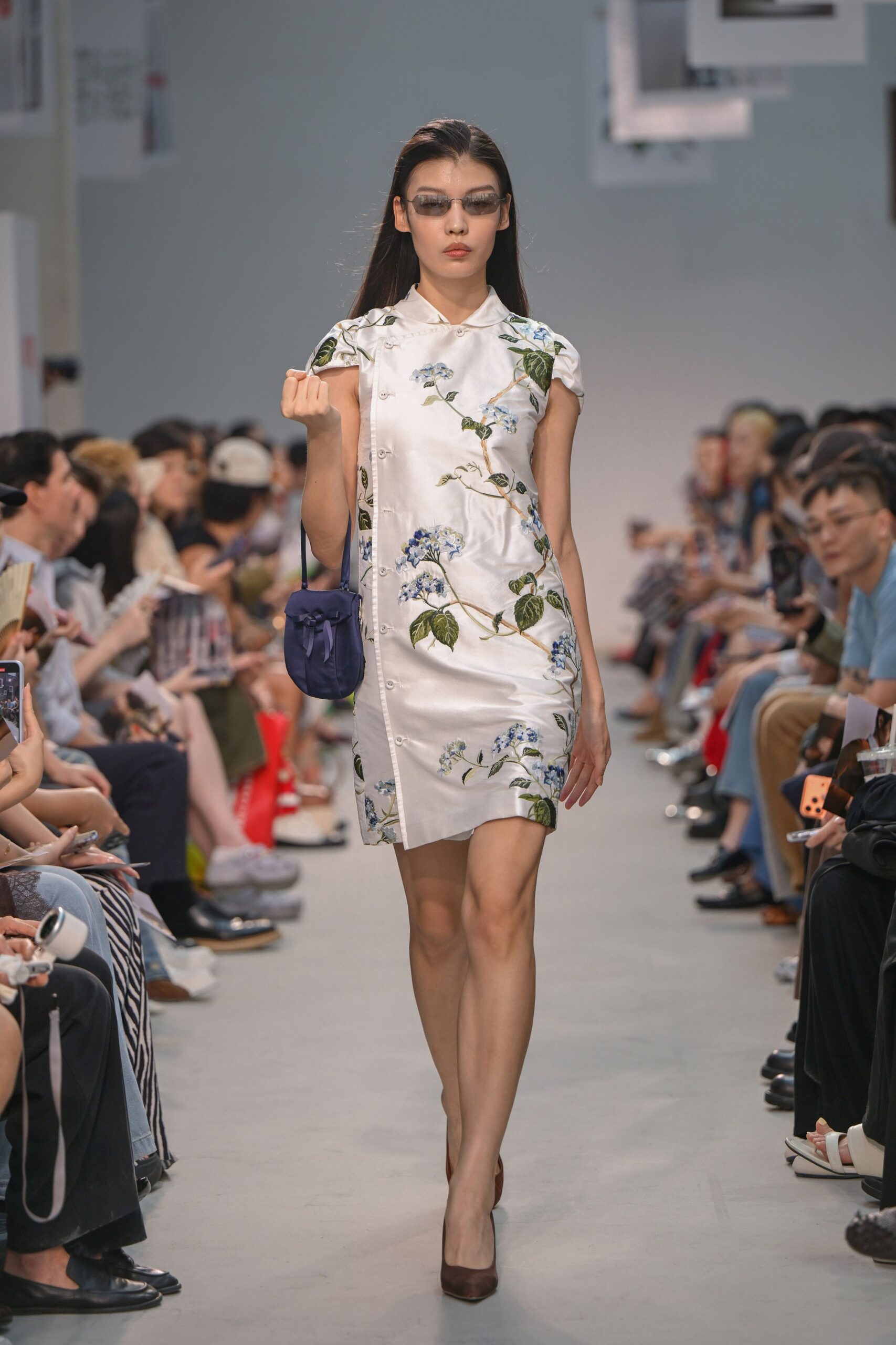 white silk short-sleeve collared fitted floral mini dress