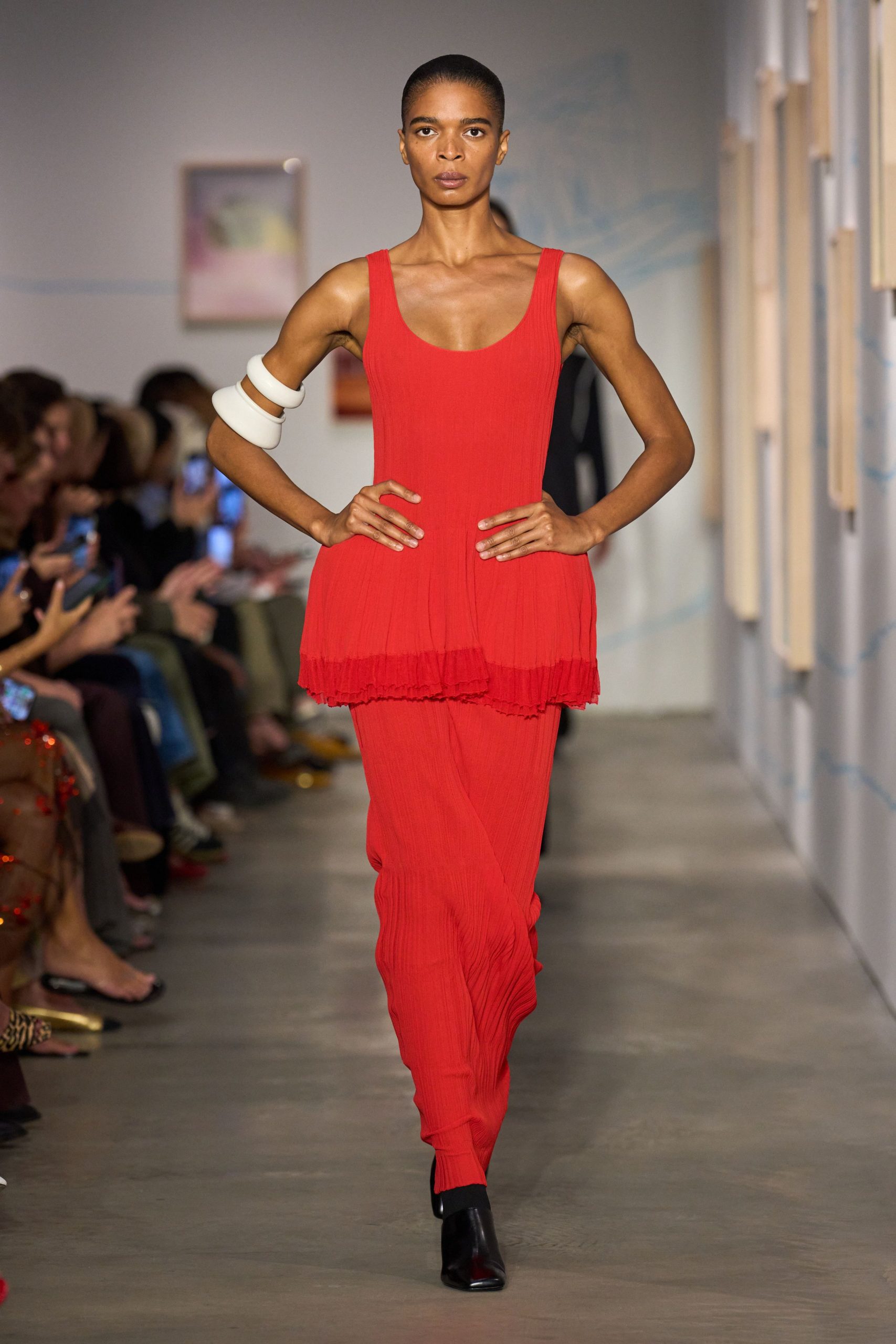 red chiffon sleeveless v-neck fitted pleated layered dress