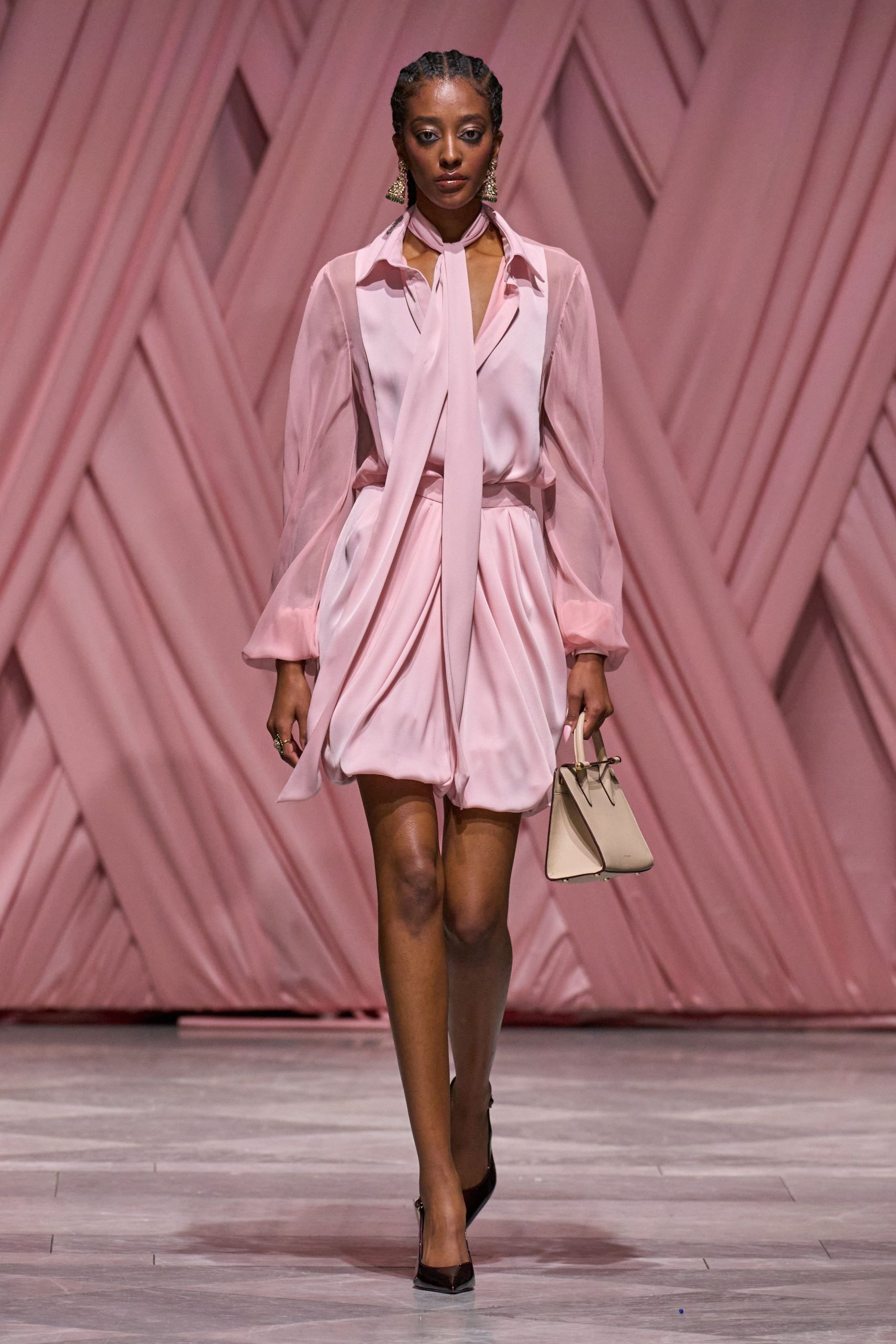pink silk long-sleeve collared fitted pleated mini dress