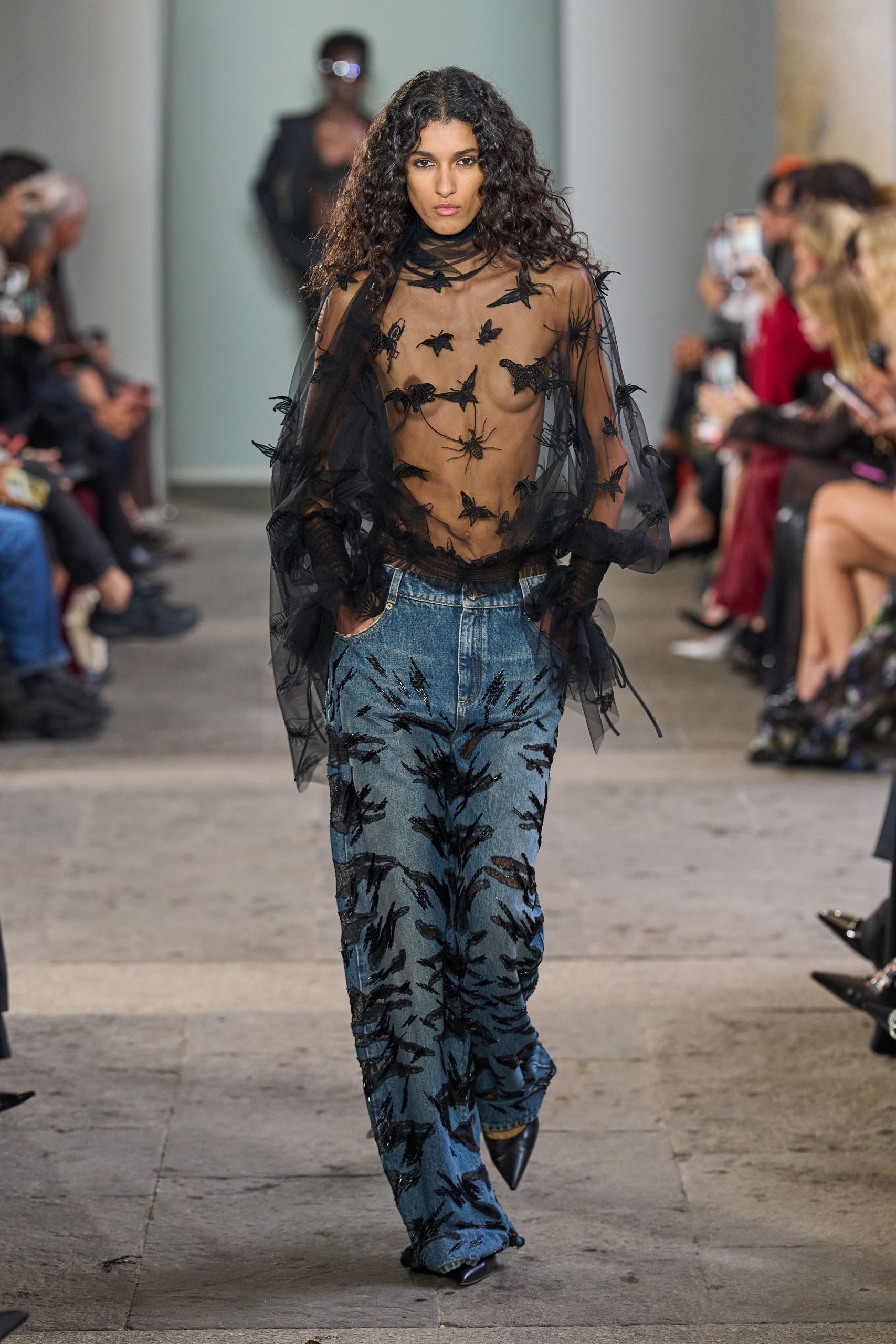 blue denim relaxed embroidered flared pants