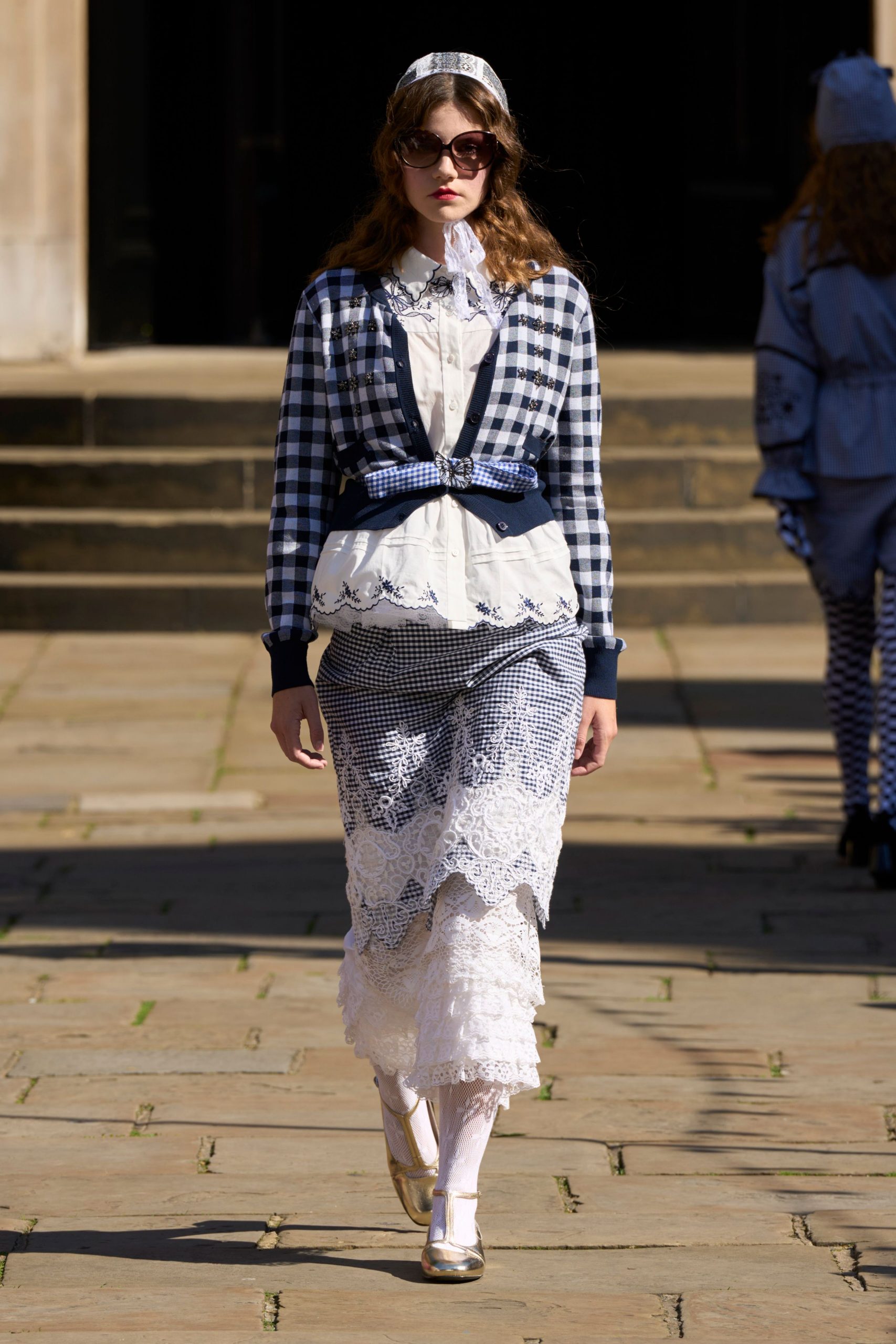 blue and white checked cardigan with lace skirt