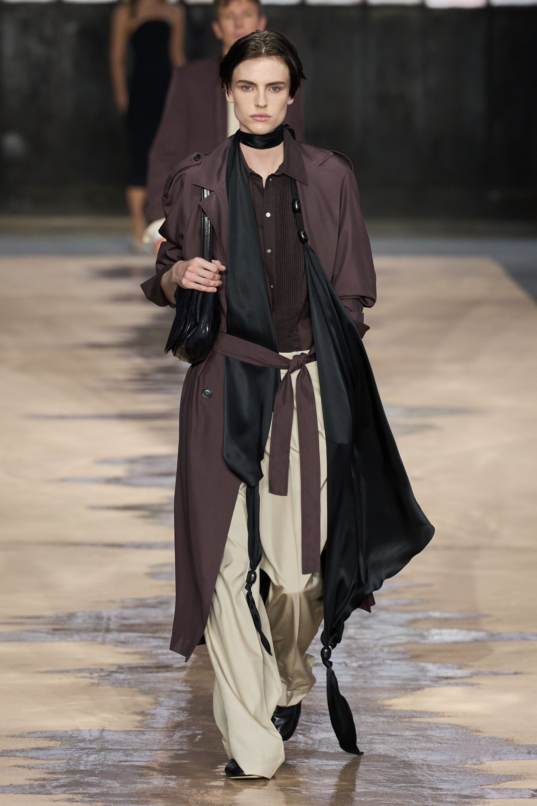 brown cotton long-sleeve collared relaxed belted trench