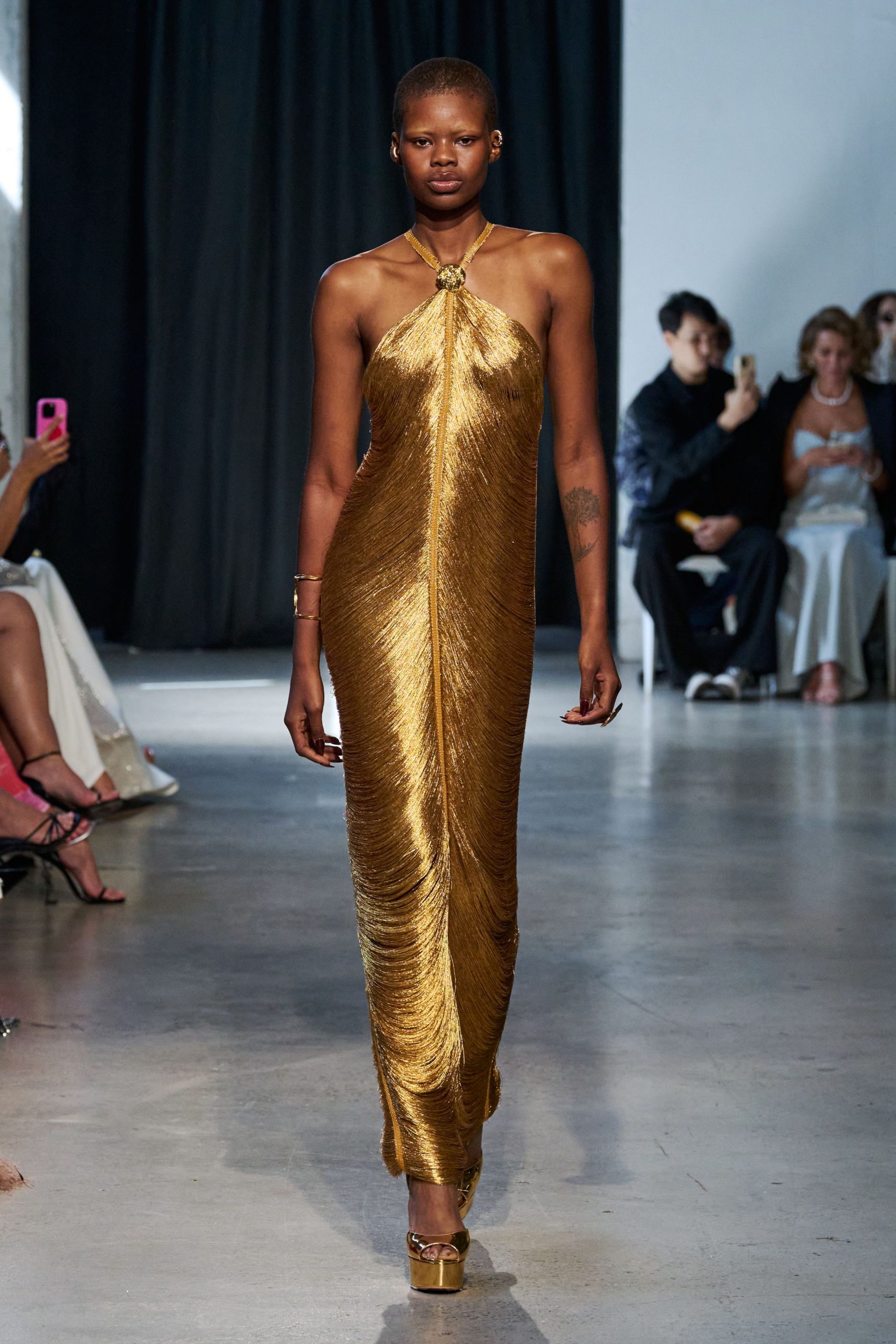 gold silk sleeveless halter fitted draped shiny gown