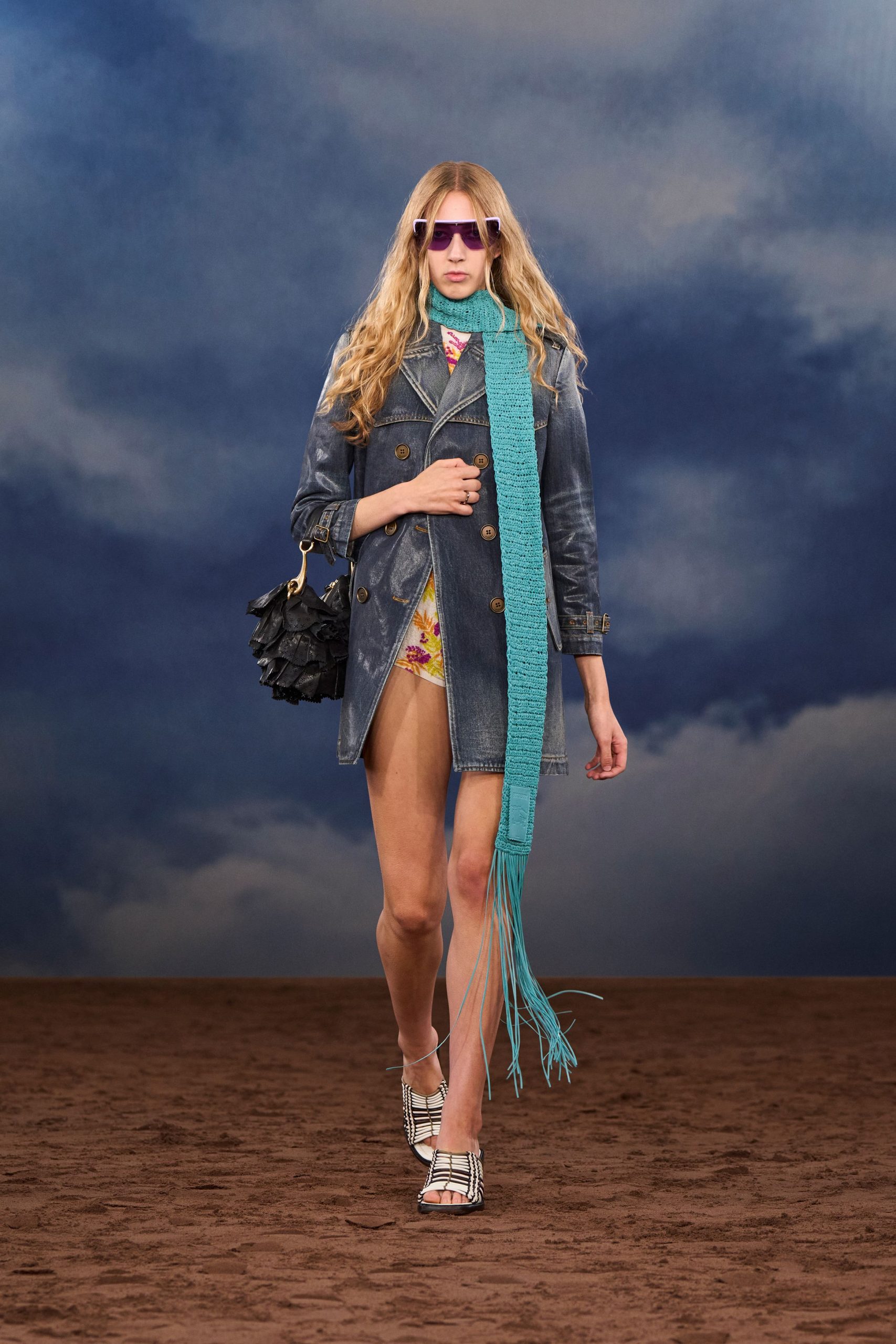 blue denim long-sleeve collared structured buttoned coat