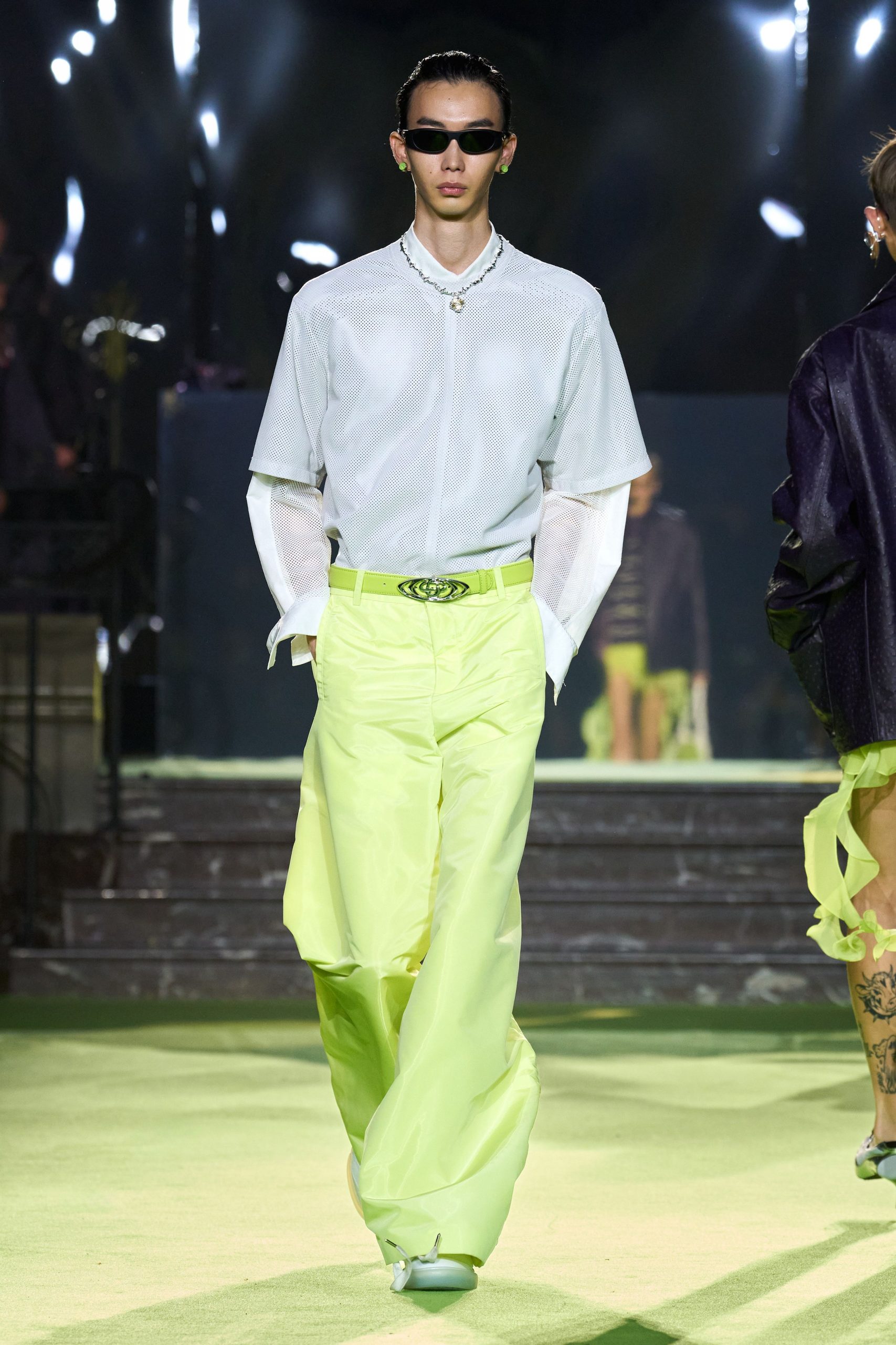 relaxed white shirt neon green pants