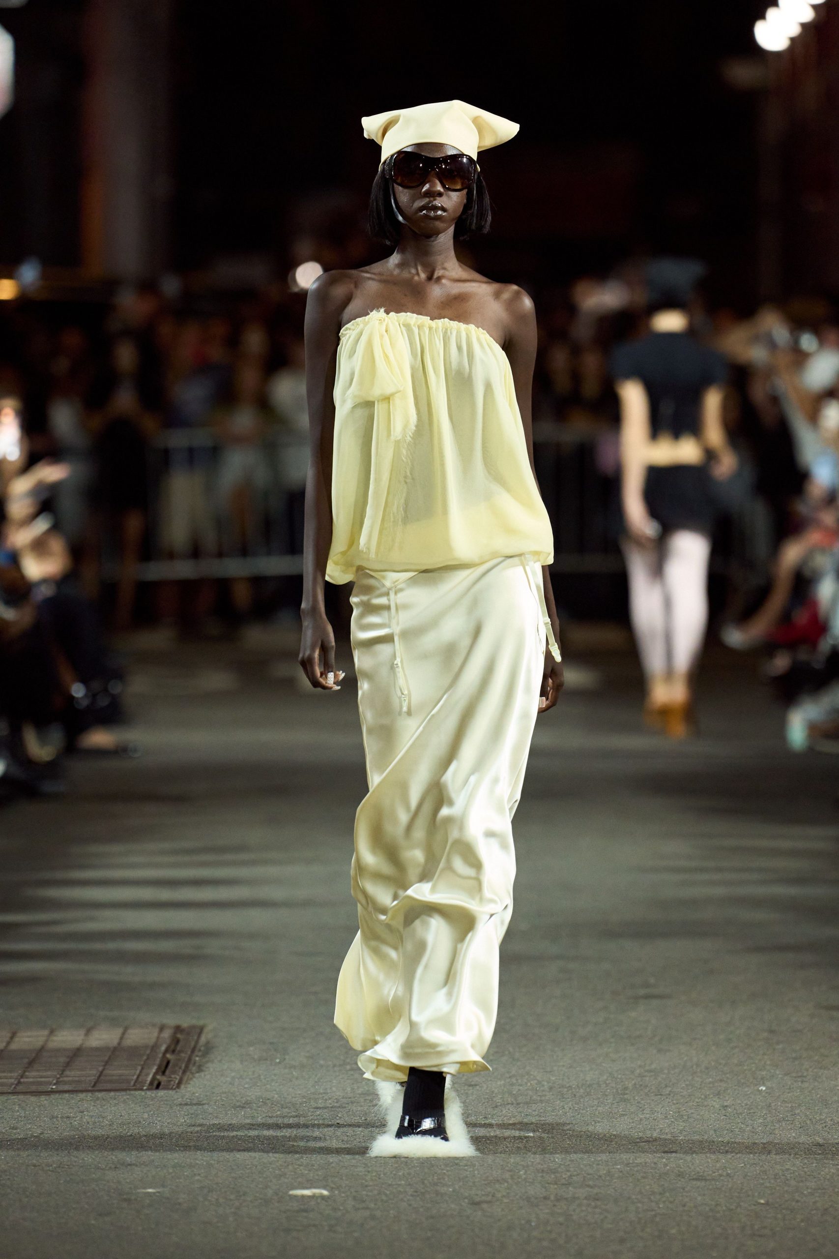 yellow silk strapless relaxed draped flowing maxi dress