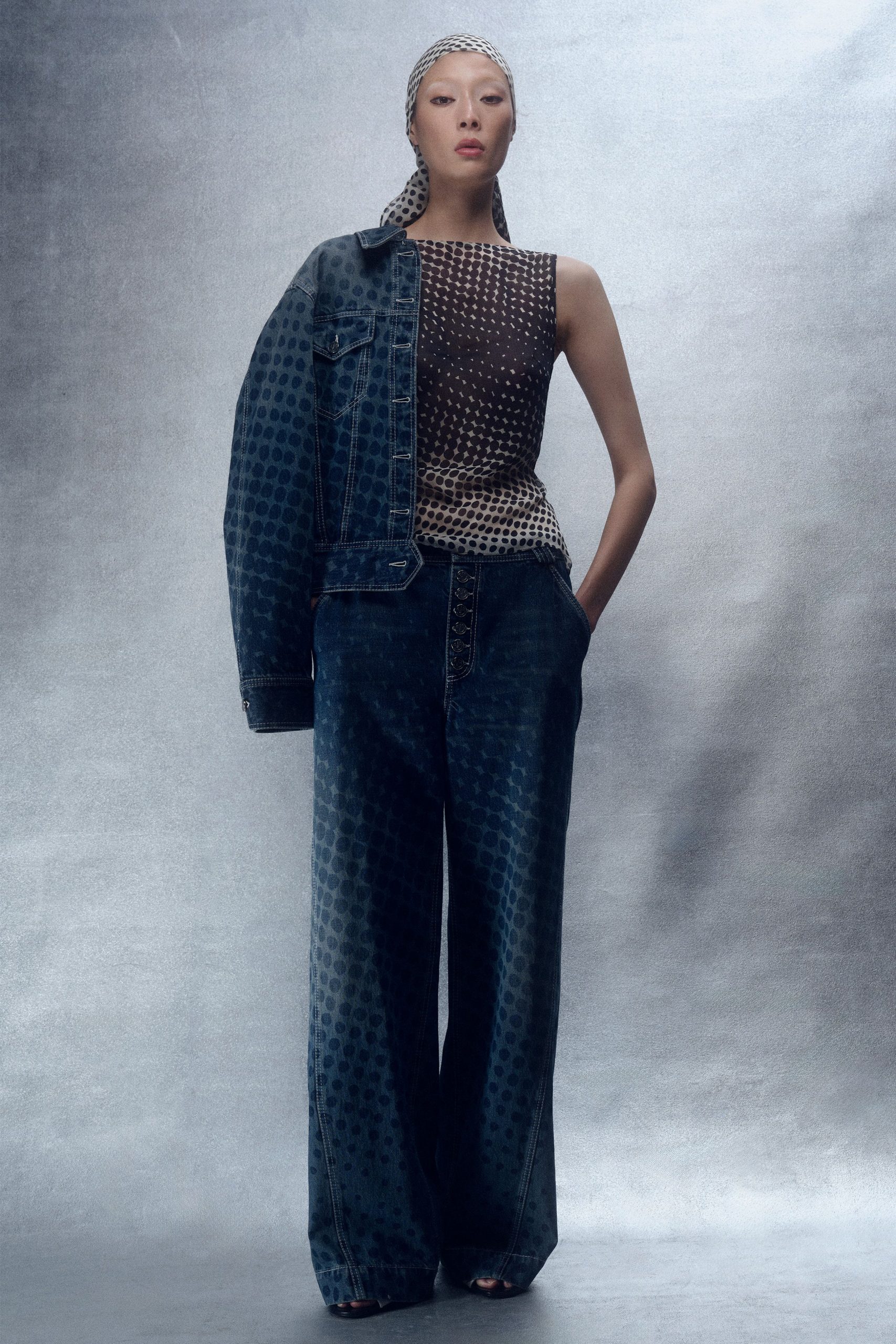 denim jacket and wide-leg pants