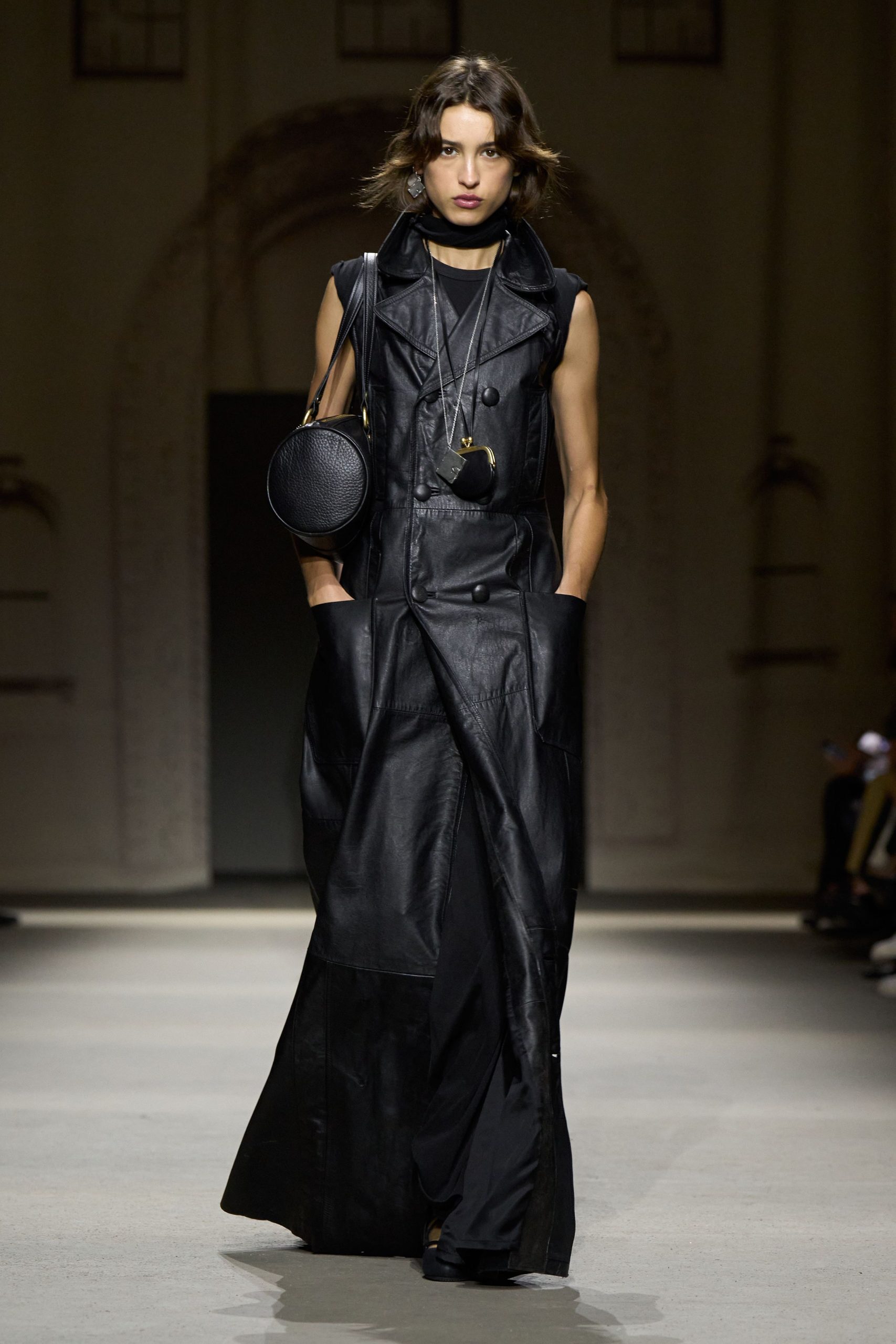 black leather sleeveless collared fitted pockets zippered dress