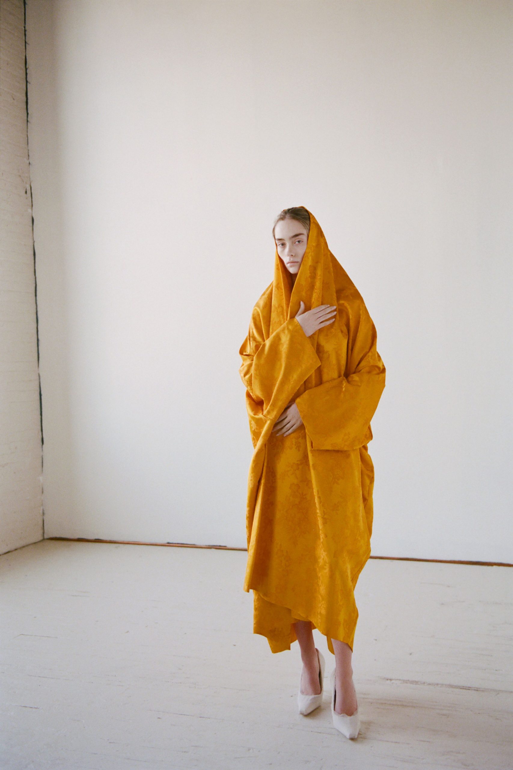 yellow silk long-sleeve relaxed layered cape