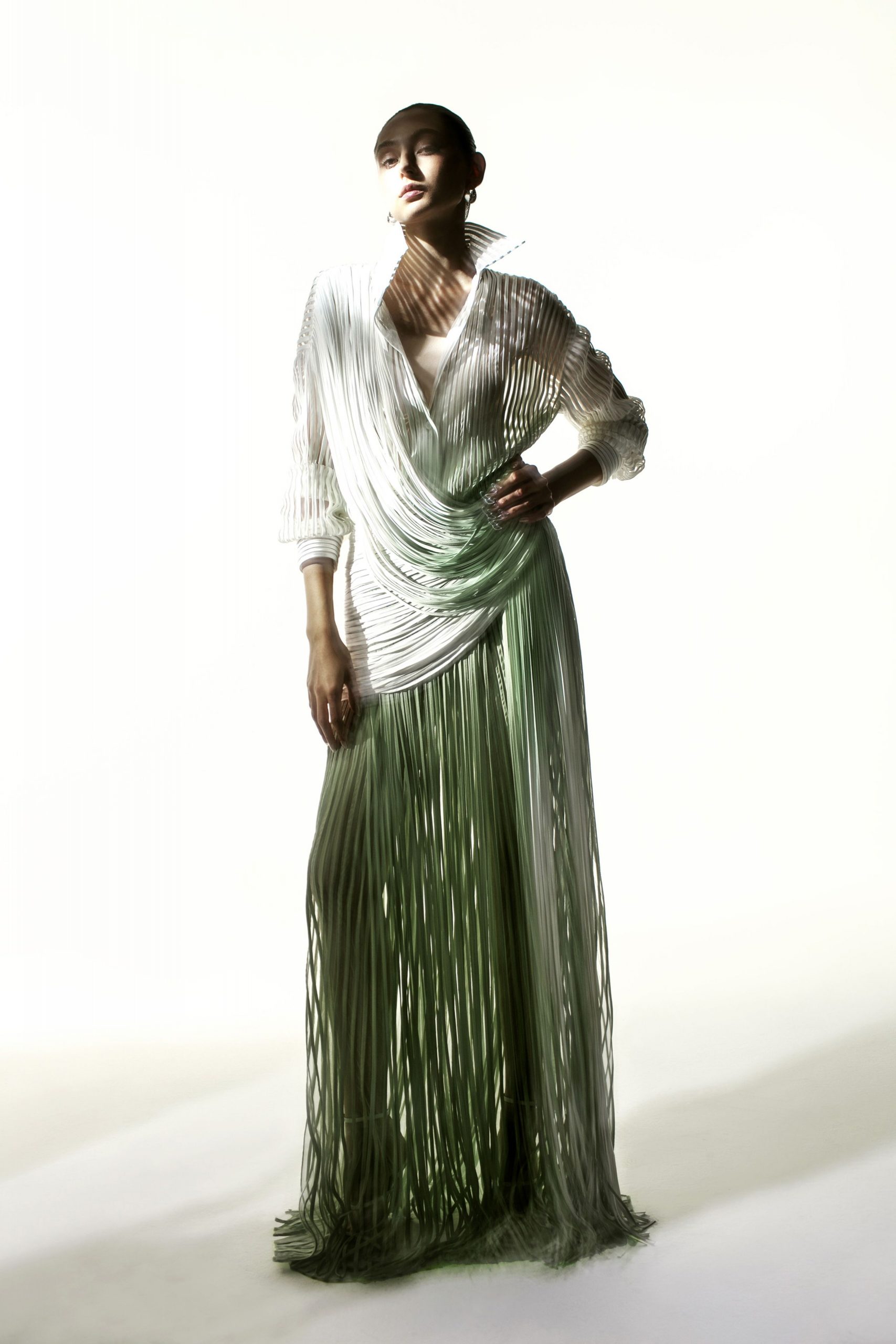 white and green pleated maxi dress