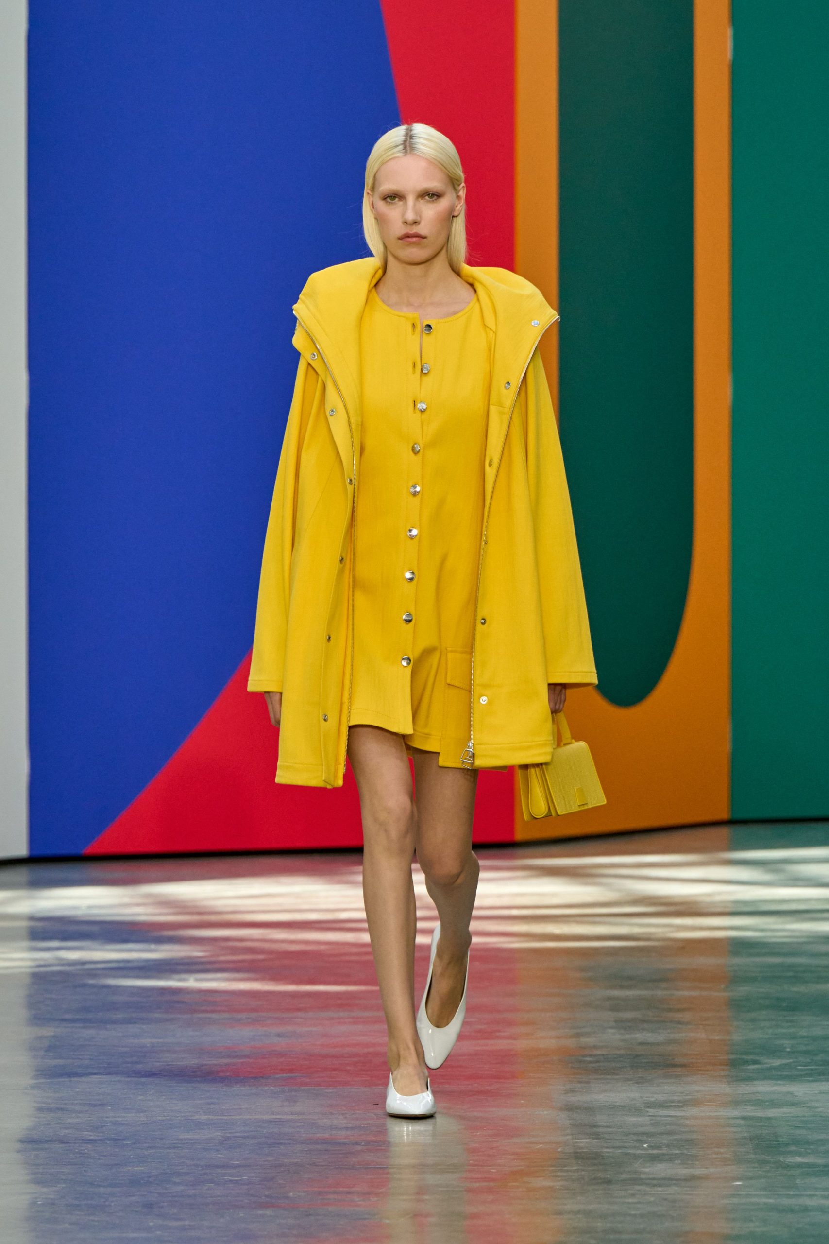 yellow mini dress with oversized coat