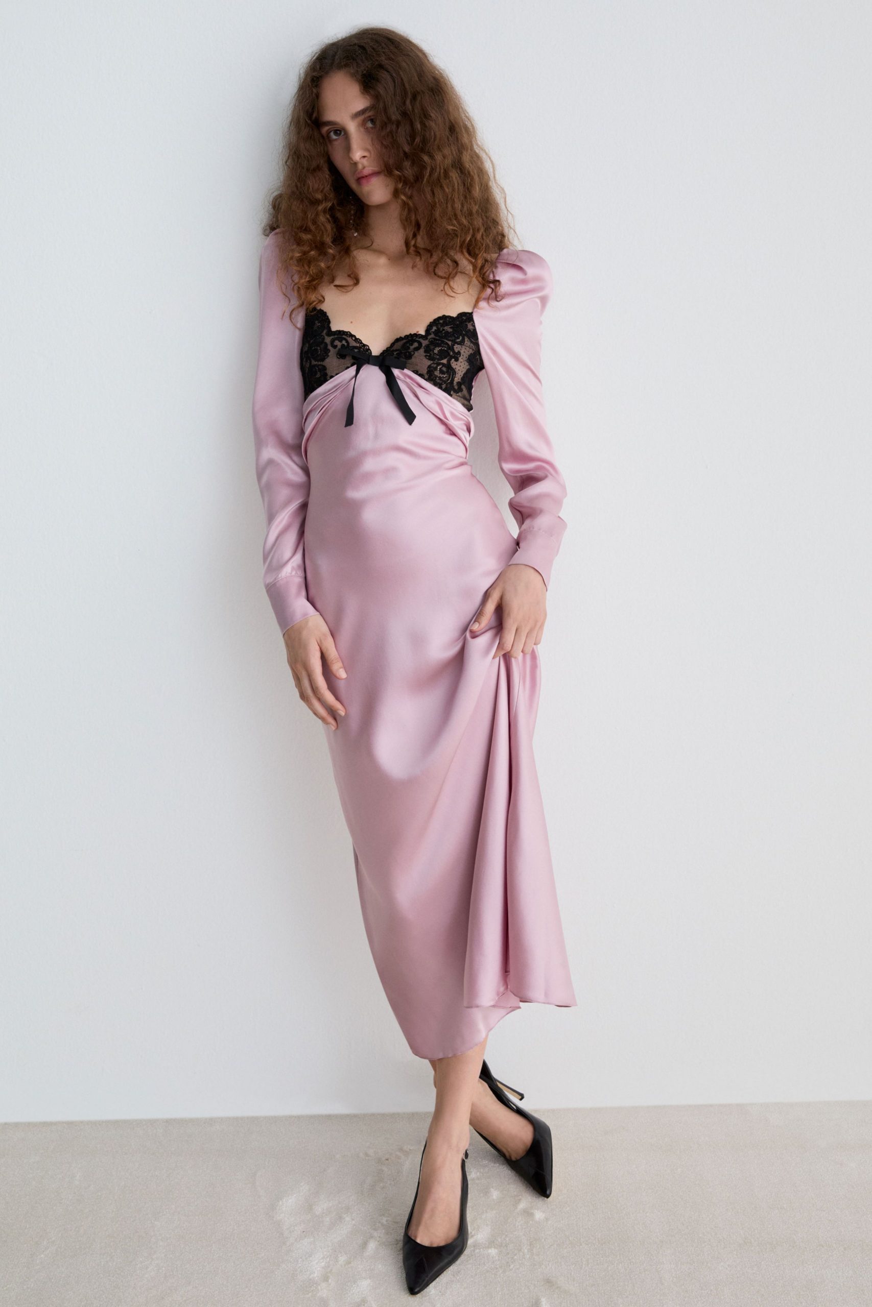 pink silk midi dress with black lace