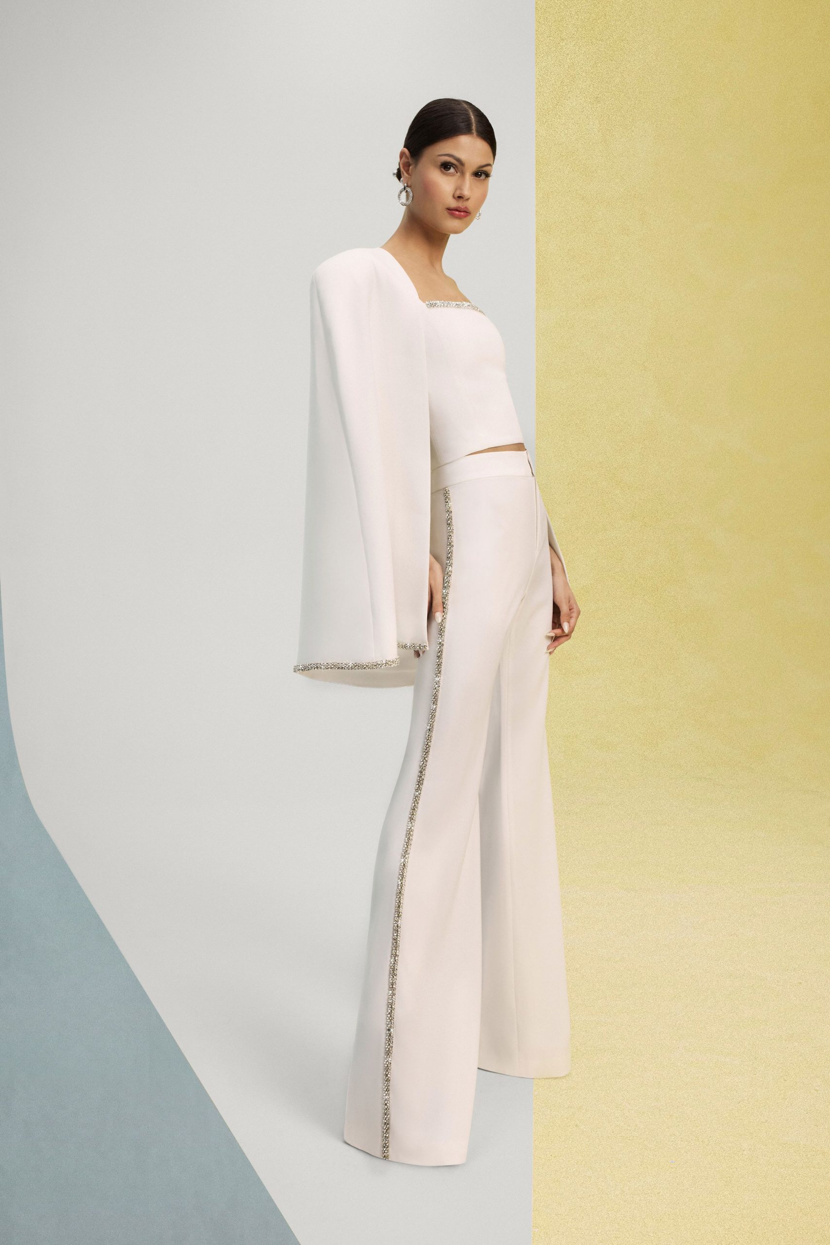 white silk fitted top and blazer