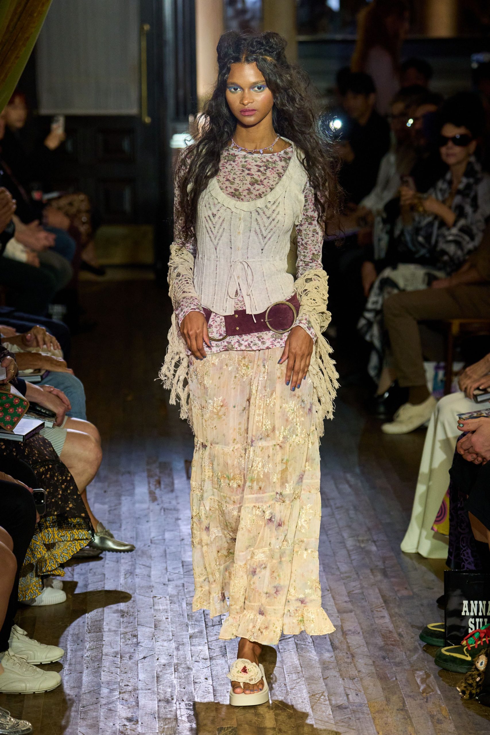 beige cotton long-sleeve fitted layered fringed maxi dress