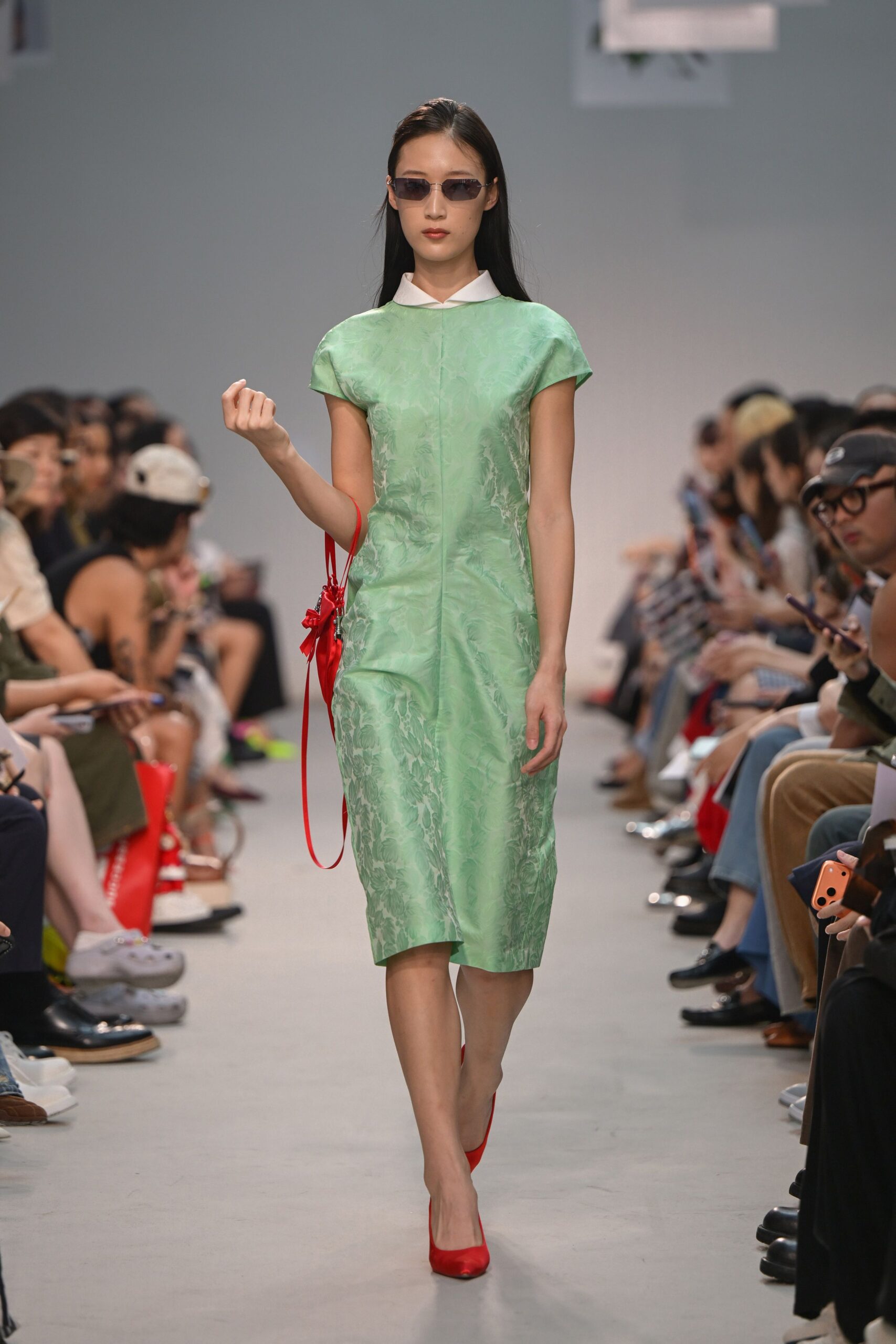 green silk short-sleeve collared fitted textured midi dress