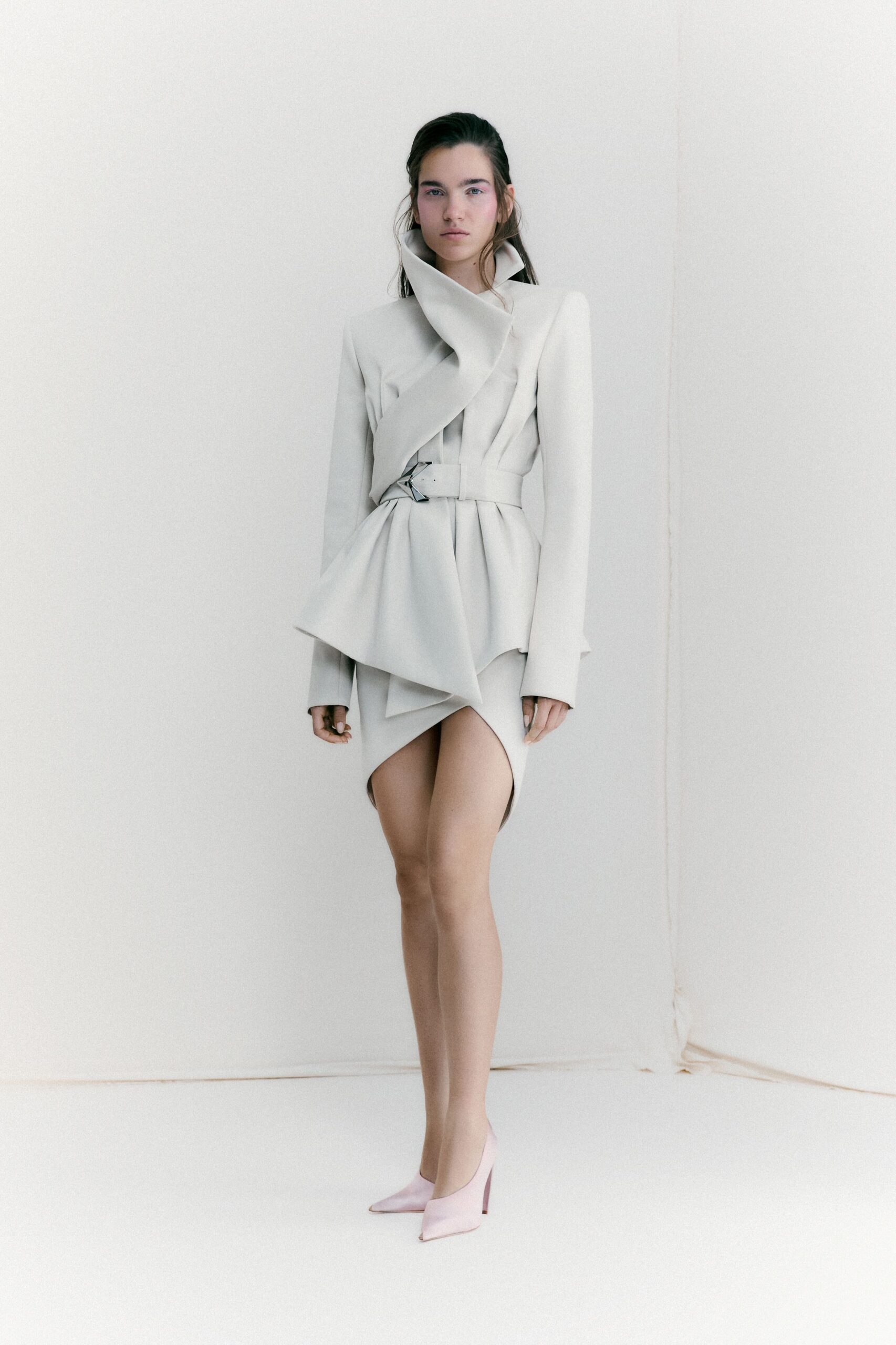 white cotton long-sleeve collared fitted belted draped dress