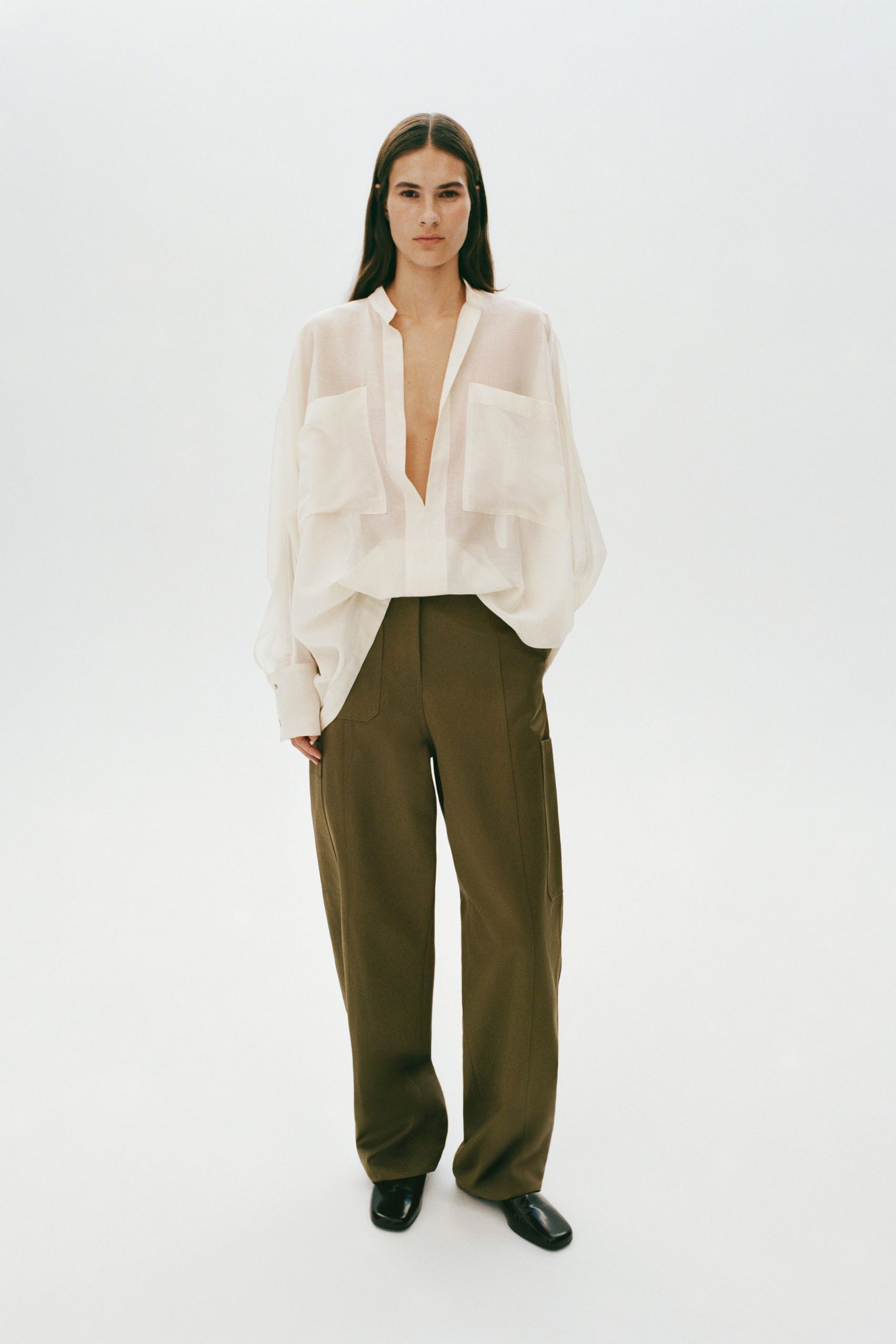 white cotton long-sleeve v-neck relaxed pleated sheer shirt