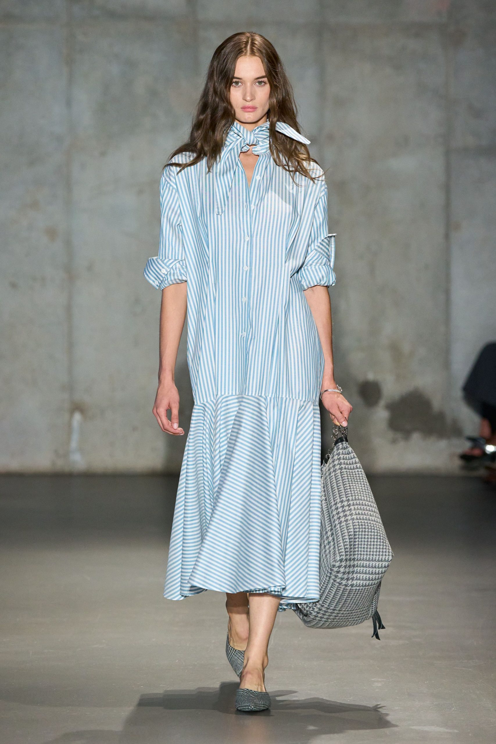 blue cotton long-sleeve collared relaxed striped tiered shirt-dress