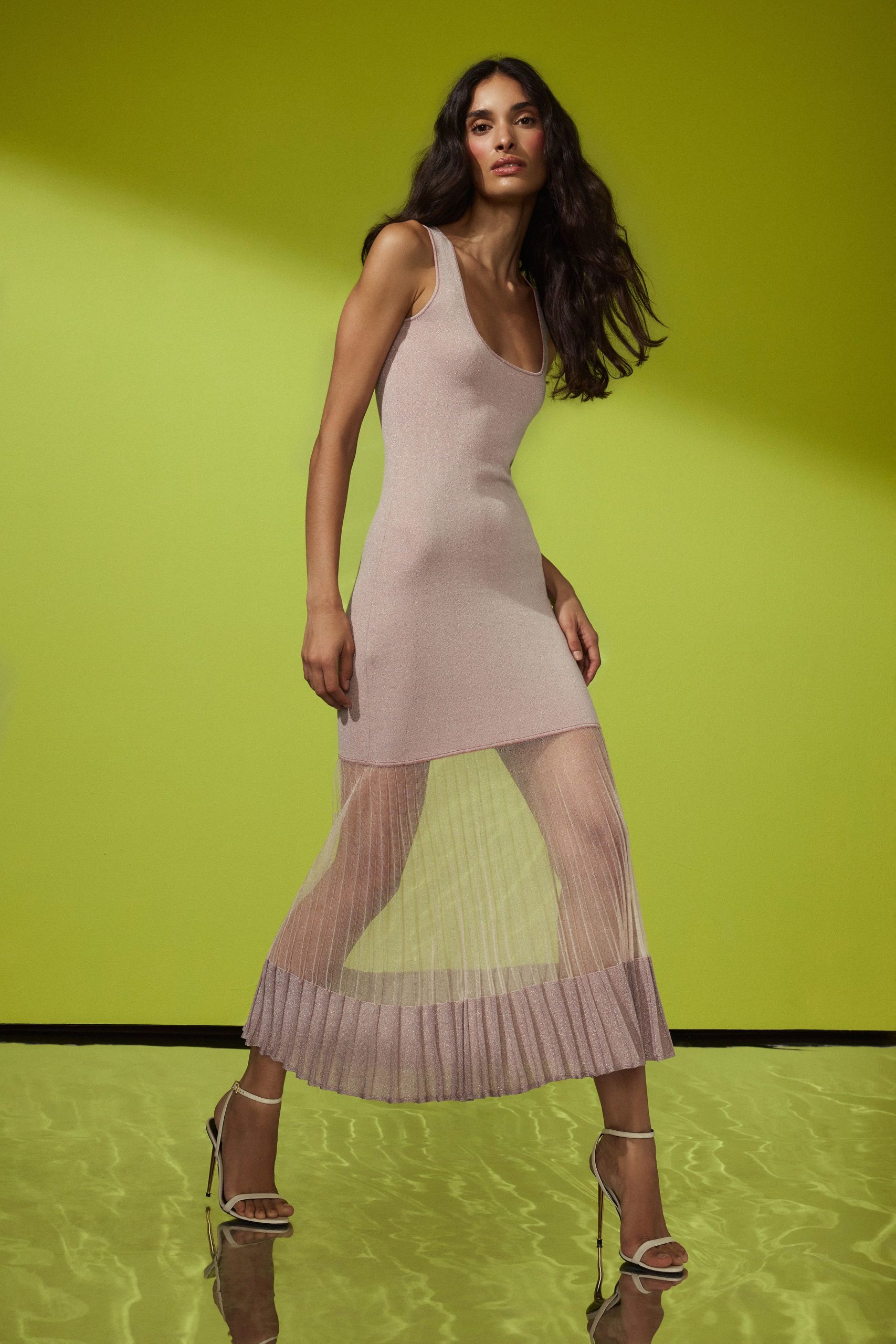 pink silk sleeveless v-neck fitted pleated sheer dress