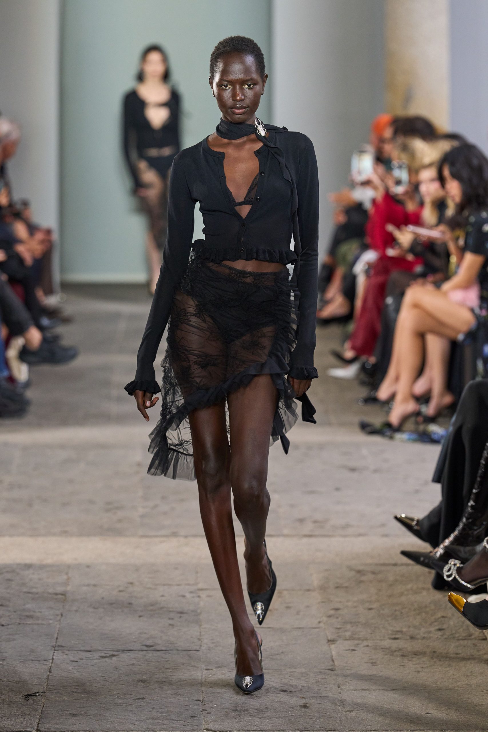 black silk top and lace skirt